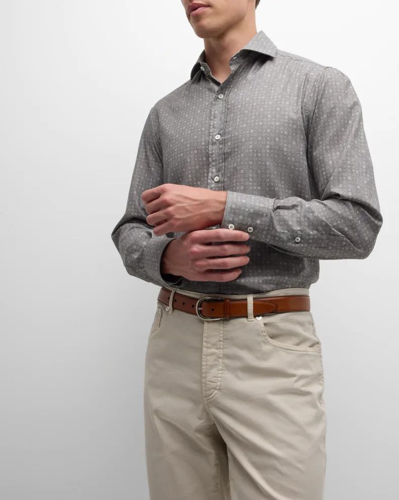 Brunello Cucinelli o1mtch0225 Geometric Print Cotton Sport Shirt in Grey Size US XXL / EU 58 / 5 - 4 Thumbnail