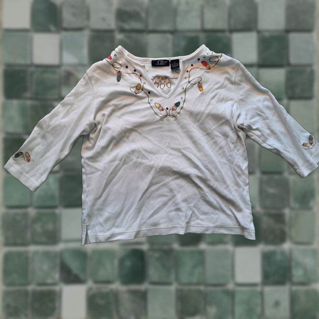 Vintage CB Casual Womens Top 3/4 Sleeve White Christmas Lights Embordered Beads Tee Shirt Petite Regular Long Sleeve Casual Shirt Womens Size L / US 10 / IT 46 - 1 Thumbnail