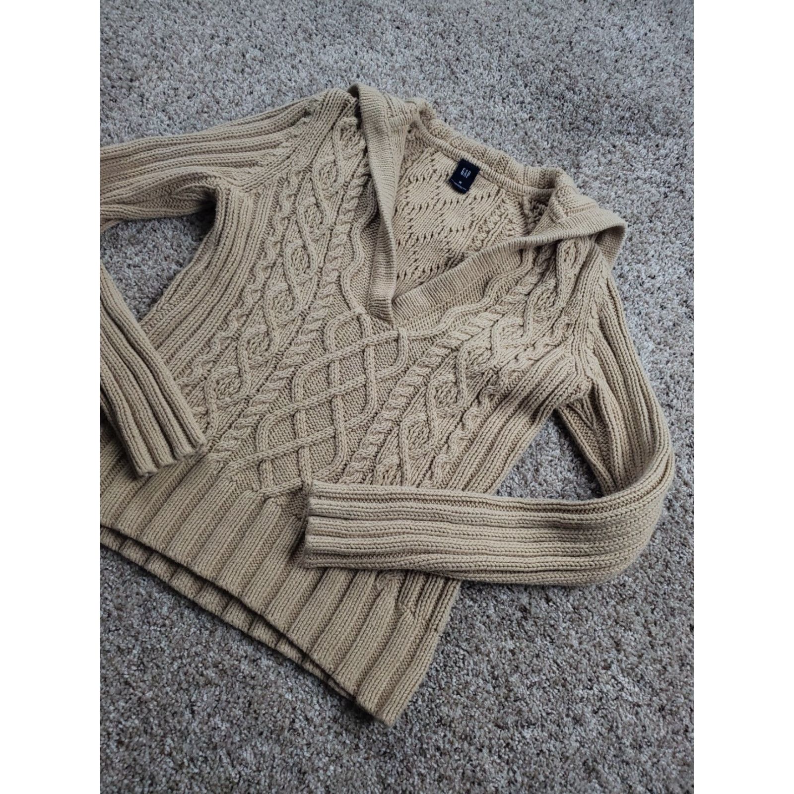 Gap GAP Sweater Women Beige Long Sleeve Fisherman Knit V-Neck Cotton Pullover M Size Modern 90s Casual Size M / US 6-8 / IT 42-44 - 2 Thumbnail