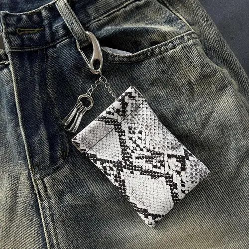 Jewelry Black White Snakeskin Print Keychain Wallet, Compact Wallet Size ONE SIZE - 1 Thumbnail