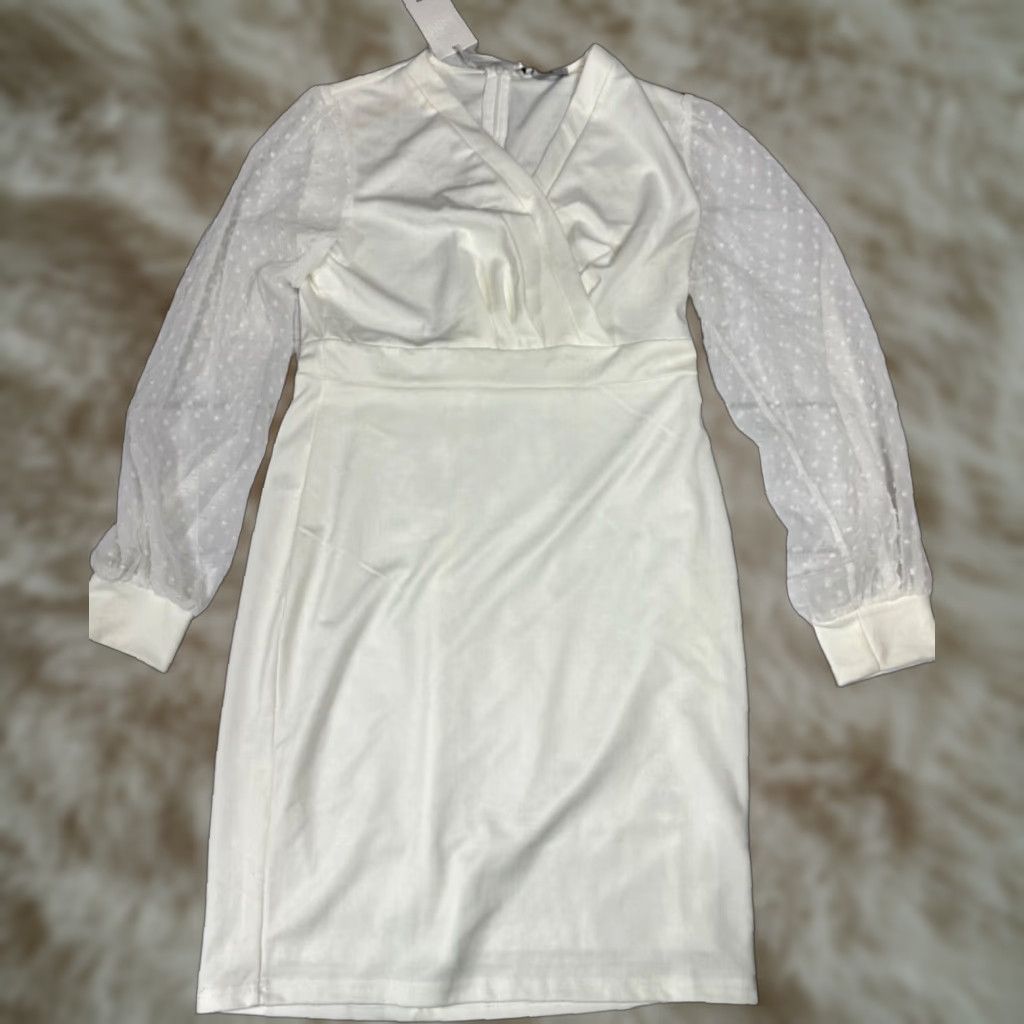 Vintage Grace Karin White Knee Length Sheer Swiss Dot Sleeve Dress L White Womens Dress Size L / US 10 / IT 46 - 1 Thumbnail