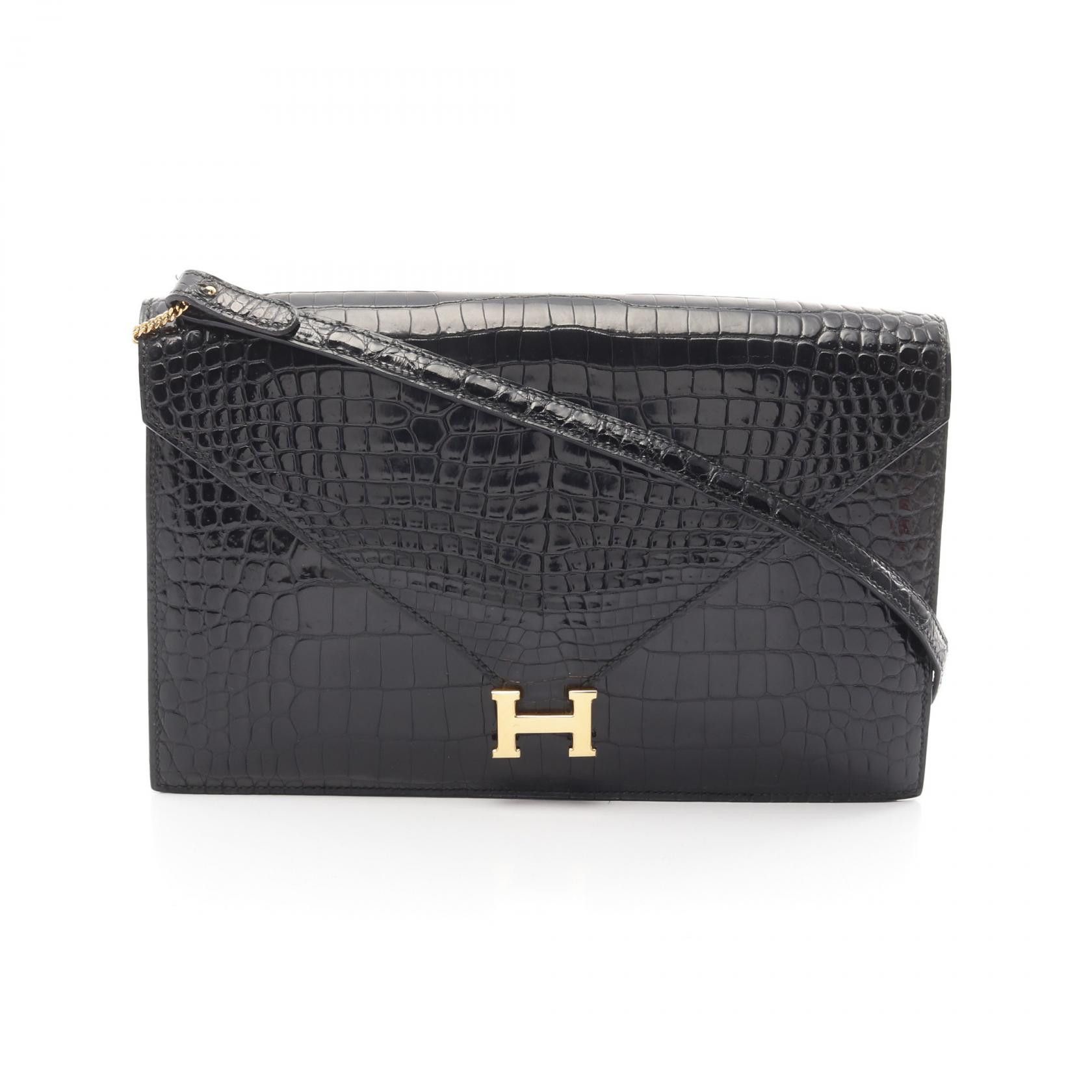 Hermes Hermes Lydie Porosus Shoulder Bag Leather Shoulder Bag Stamp P (1986) in Black, Women's