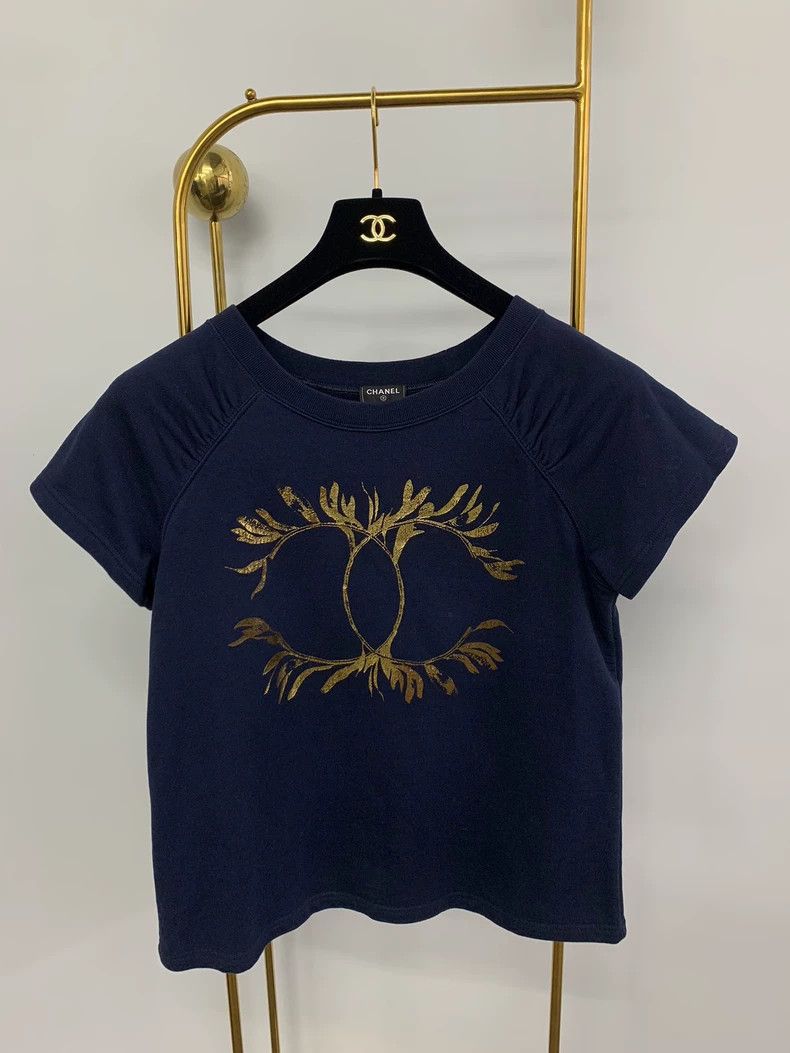 Chanel Greek series blue gold double C logo short sleeve