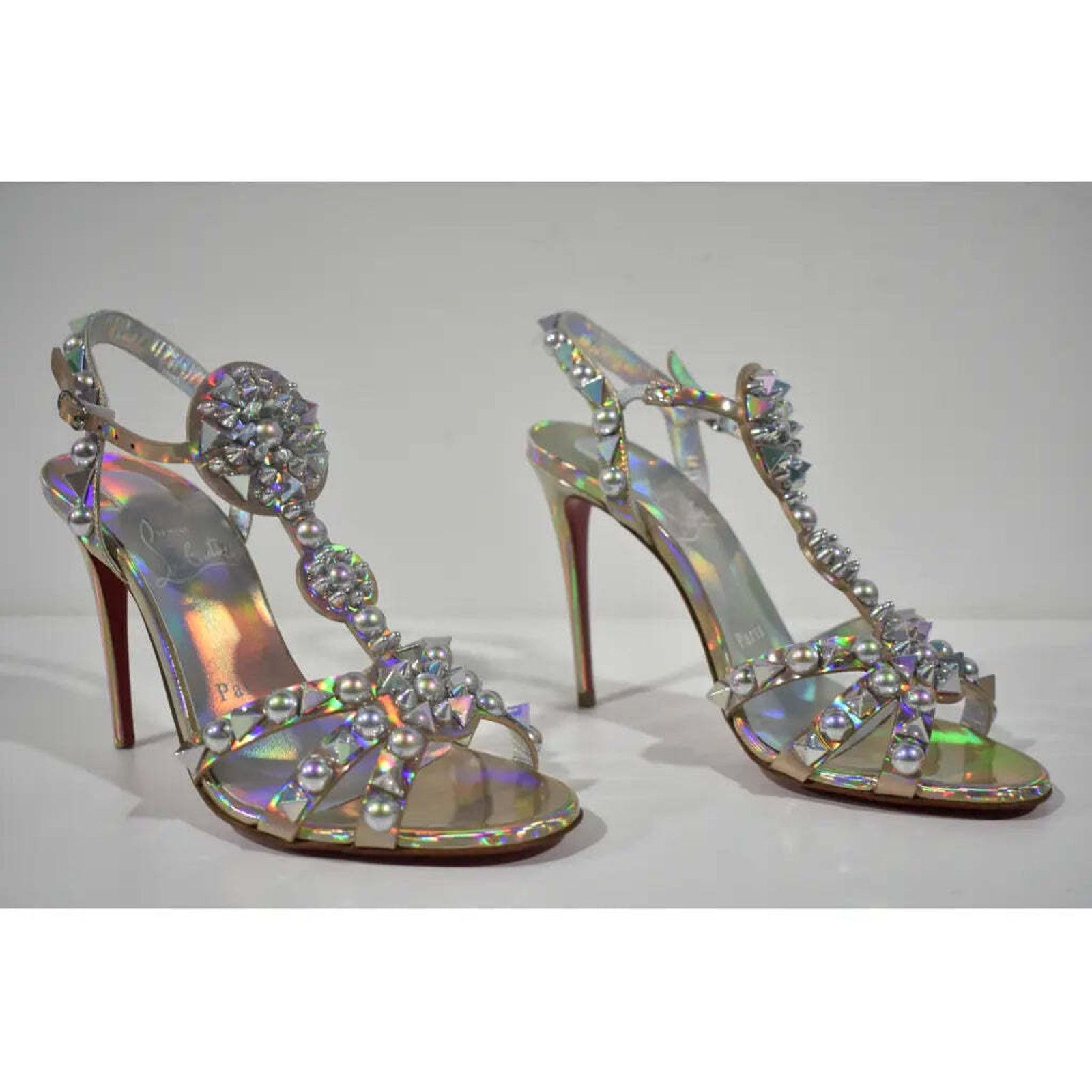 Christian Louboutin Goldora 100 Gold AB Spike Ankle Strap Sandal Heel Pump 36.5 Size US 6.5 / IT 36.5 - 4 Thumbnail