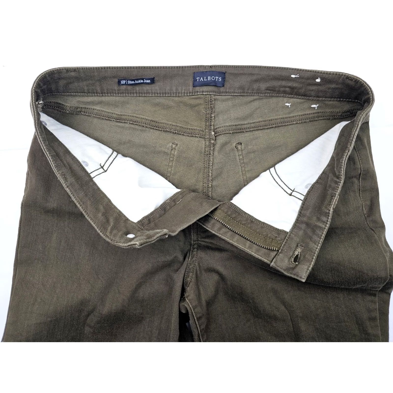 Talbots TALBOTS Slim Ankle Jeans Women 12P Petite Olive Green EUC - 34x25.5 Stretch Denim Slimming 5-Pocket Gift? Size 34" / US 12 / IT 48 - 6 Thumbnail