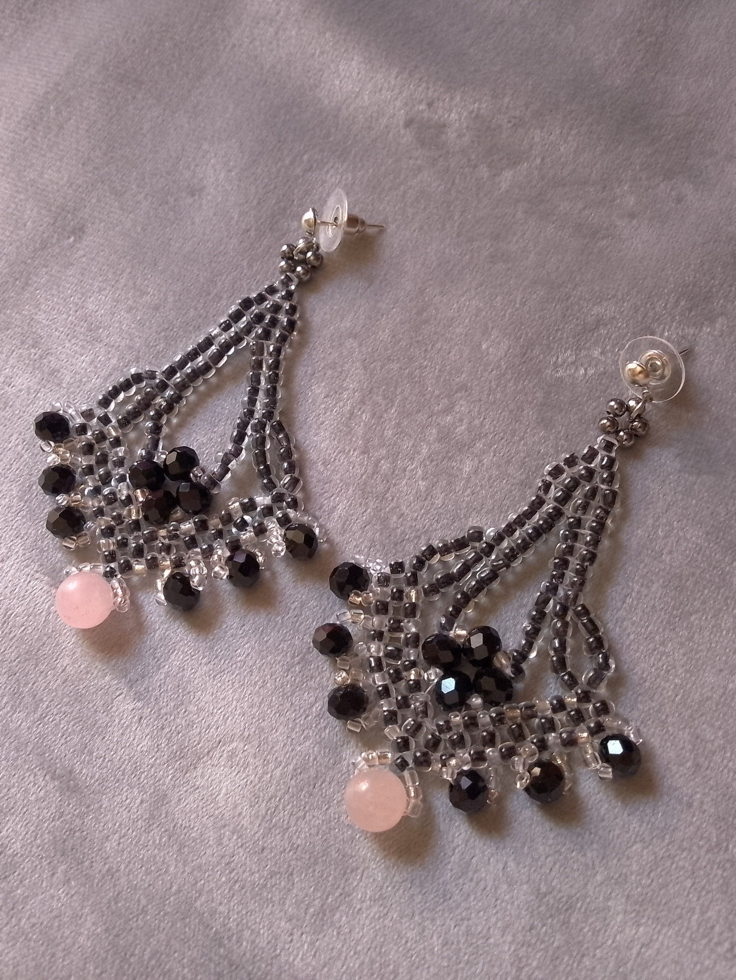 Handmade Earrings Black dangling with natural rose quartz gemstones Size ONE SIZE - 5 Thumbnail