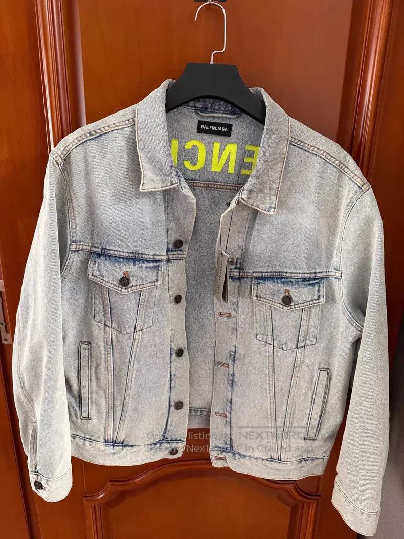 Balenciaga Balenciaga Back Yellow-Green Logo Denim Jacket Size US M / EU 48-50 / 2 - 2 Thumbnail