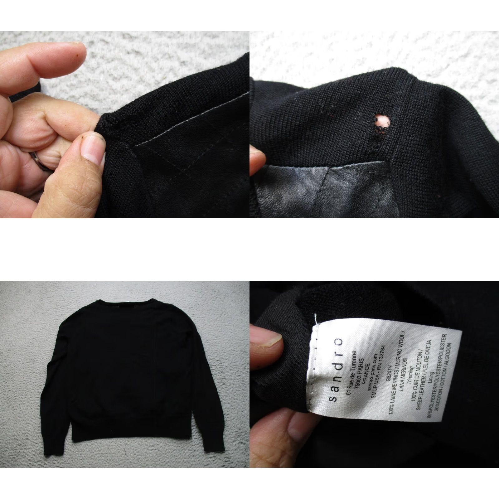 Sandro Sandro Womens Cardigan Sweater Small Black Merino Wool Leather Front Quilted Size XS / US 0-2 / IT 36-38 - 8 Thumbnail