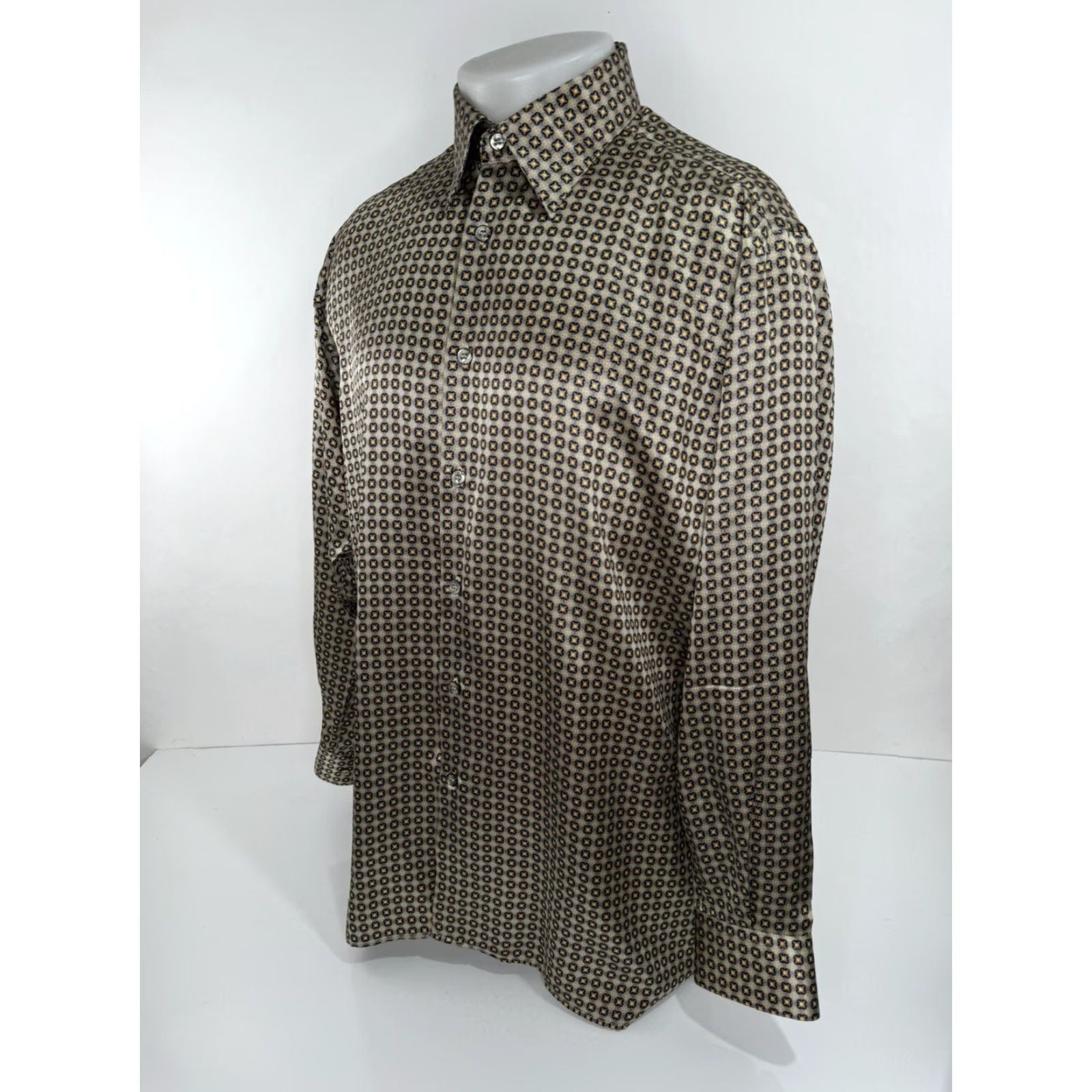 Vintage Bernini / Beverly Hills Silk Geometric Mens L Shirt - Gold / Orange / Blue Silk Button-Up Long Sleeve EXCELLENT Size US L / EU 52-54 / 3 - 3 Thumbnail