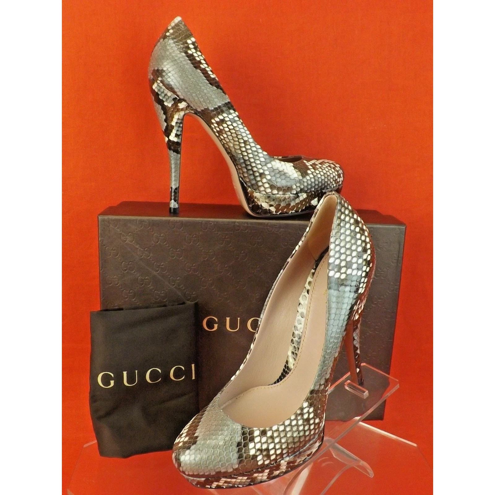 Gucci GUCCI 309 LISBETH NATURAL PYTHON LEATHER VINTA ROSE PUMPS 38 Size US 8 / IT 38 - 1 Thumbnail