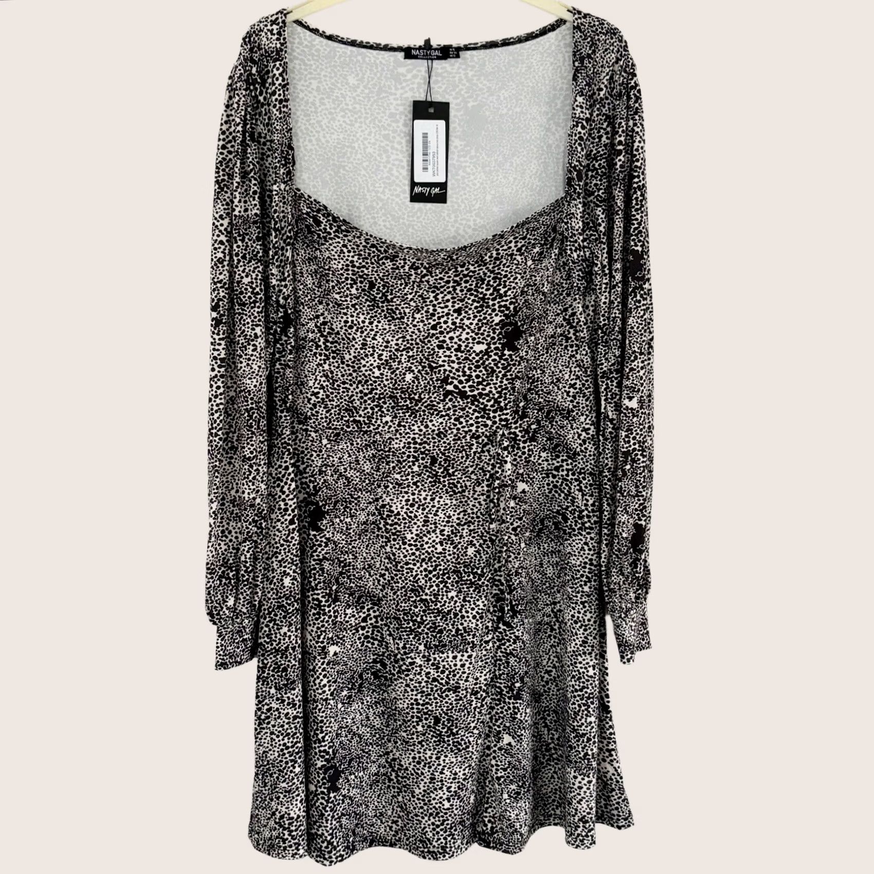 Nasty Gal Nasty Gal Mini Dress Plus Printed Square Neck Balloon Sleeve UK 16 Cream Black New with Tags Size XXL / US 16-18 / IT 52-54 - 1 Thumbnail