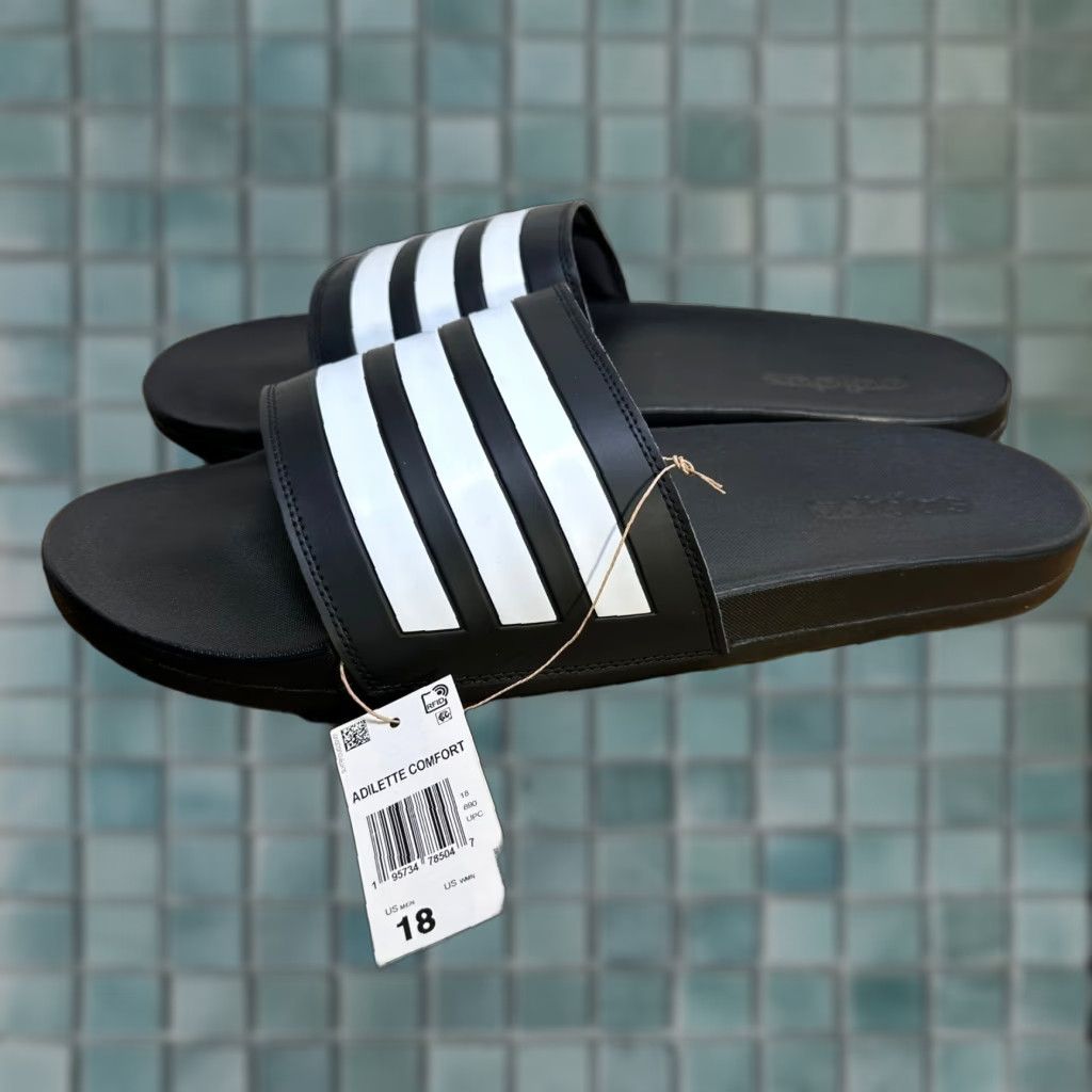 Adidas Adidas Adilette Comfort Slides Mens 18 Black White Sandals GZ5891 3-Stripes NWT Size ONE SIZE - 1 Thumbnail