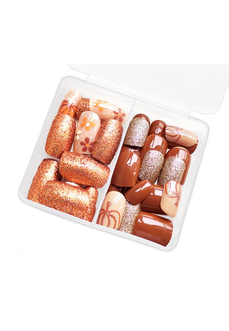 Other Press on Fake Nails Short Square with Pumpkin Flower Design Size ONE SIZE - 5 Thumbnail