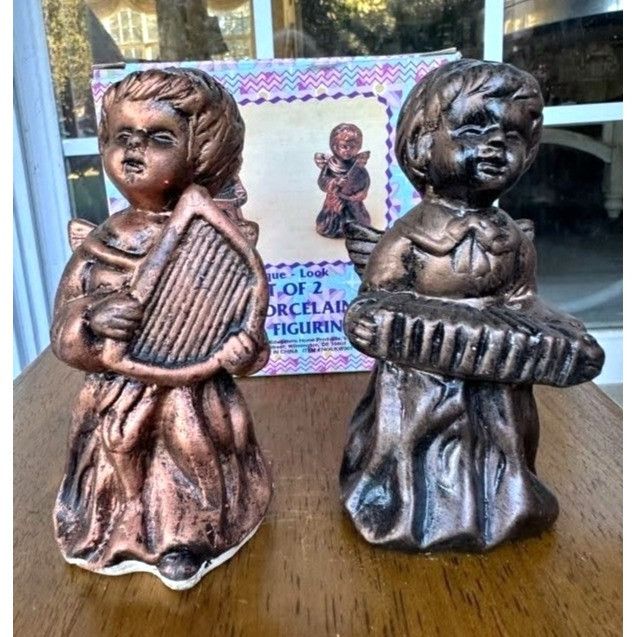 Vintage VTG Porcelain Angel Figurines Set of 2 Antique Look Bronze F Size ONE SIZE - 2 Thumbnail