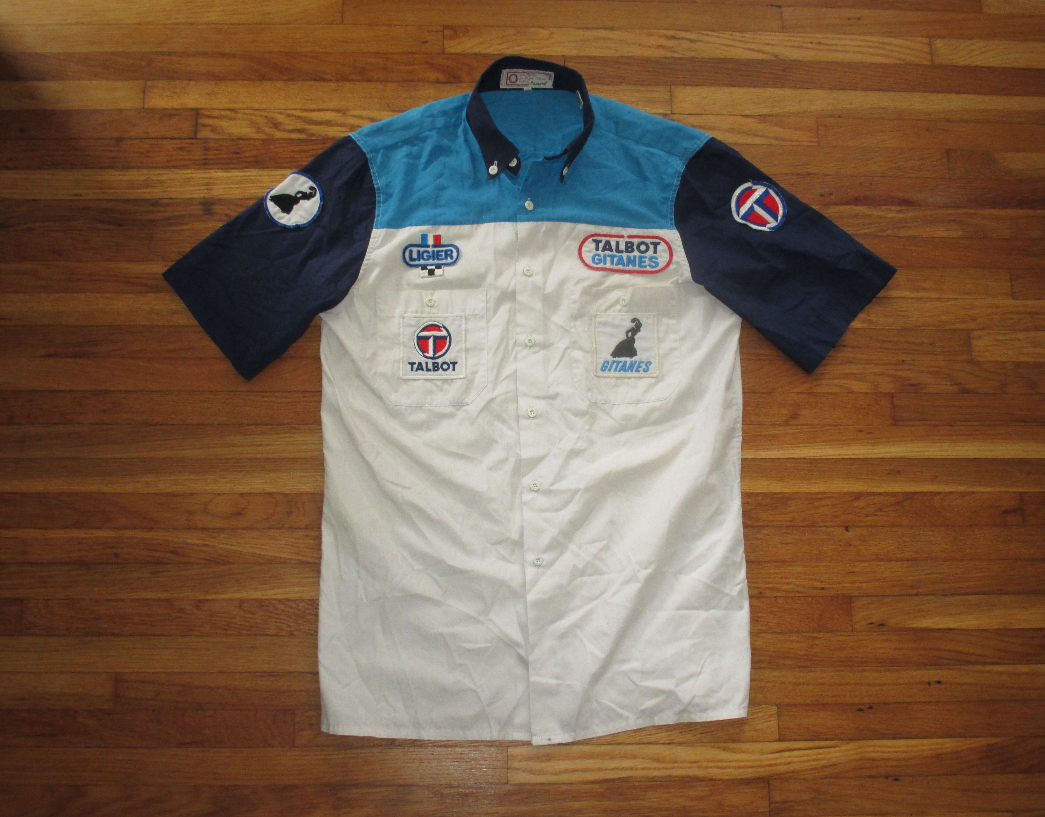 image of Vintage 1980S Talbot Gitanes F1 Pit Crew Car Racing Shirt in White/Blue/Navy Blue (Size Small)