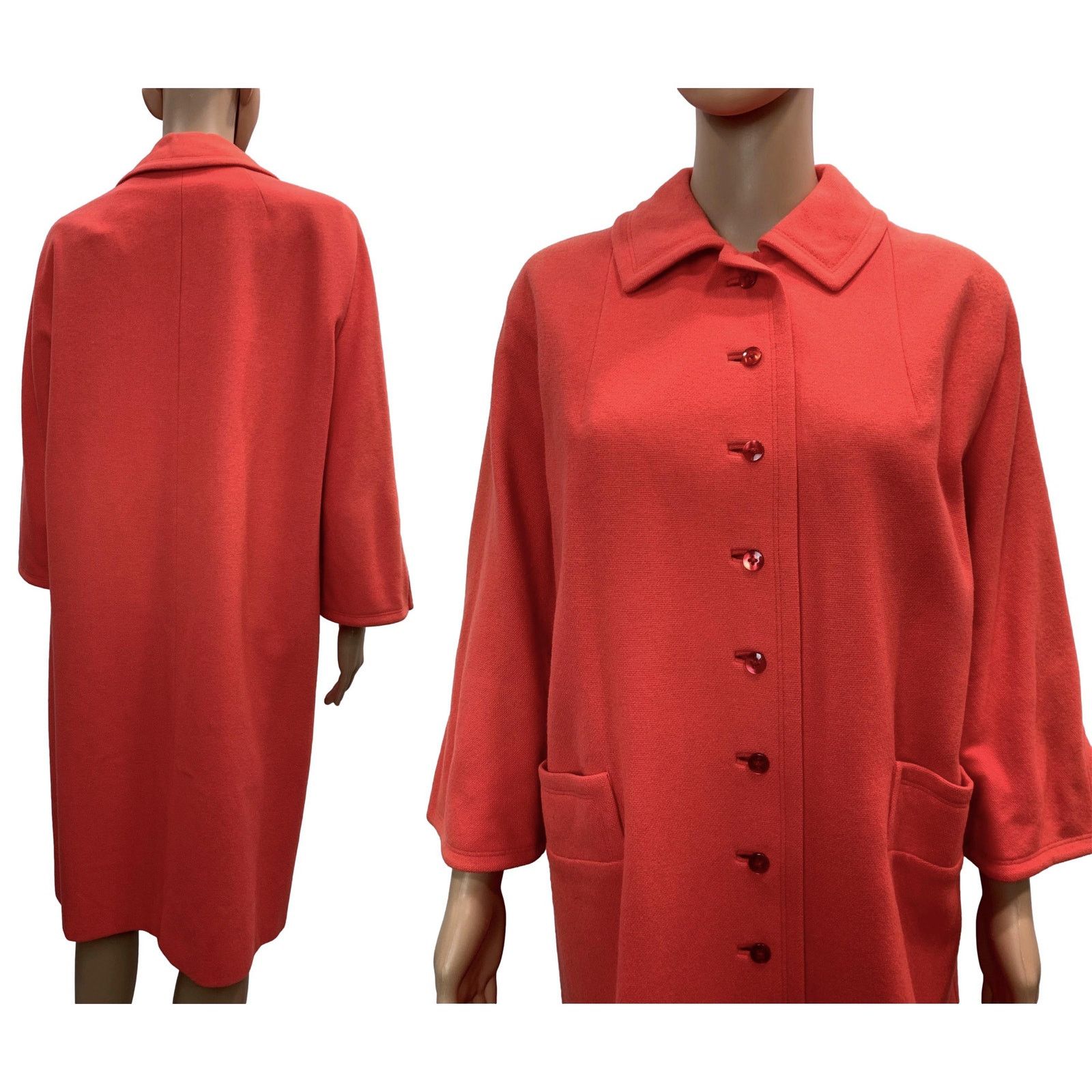 Vintage 60s Coral Orange Pink Wool Midi Coat | Overcoat Mid Century Size S / US 4 / IT 40 - 7 Thumbnail