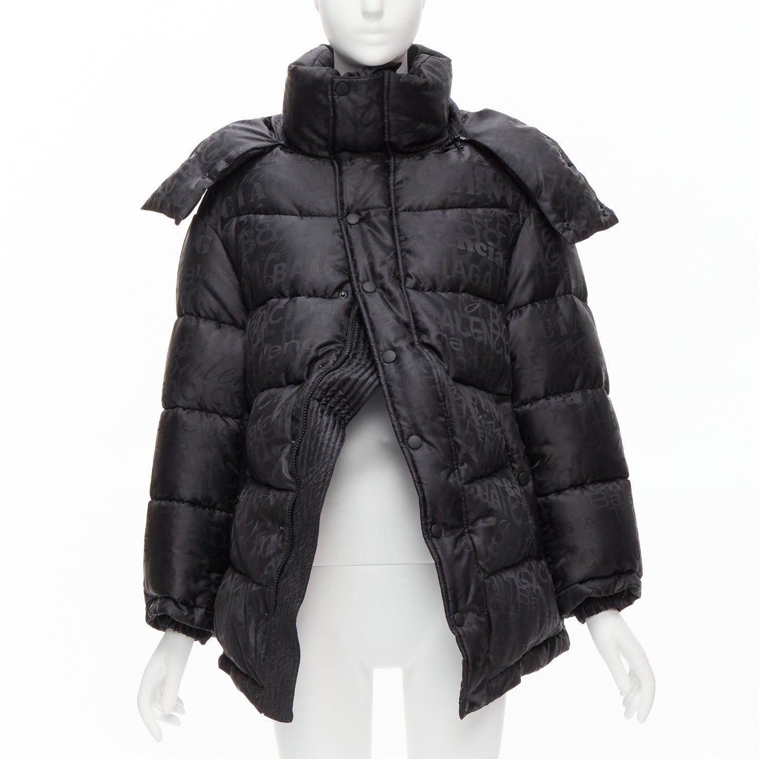 Balenciaga new BALENCIAGA 2019 black all logo jacquard Swing hooded quilted puffer coat FR36 S Size S / US 4 / IT 40 - 1 Thumbnail