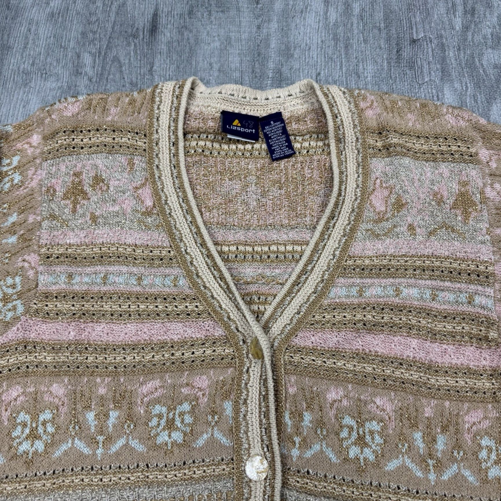 Vintage Vintage 90s Liz Sport Women's Oversized Cardigan Sweater Faux Metallic Knit S Beige Casual Size S / US 4 / IT 40 - 2 Thumbnail