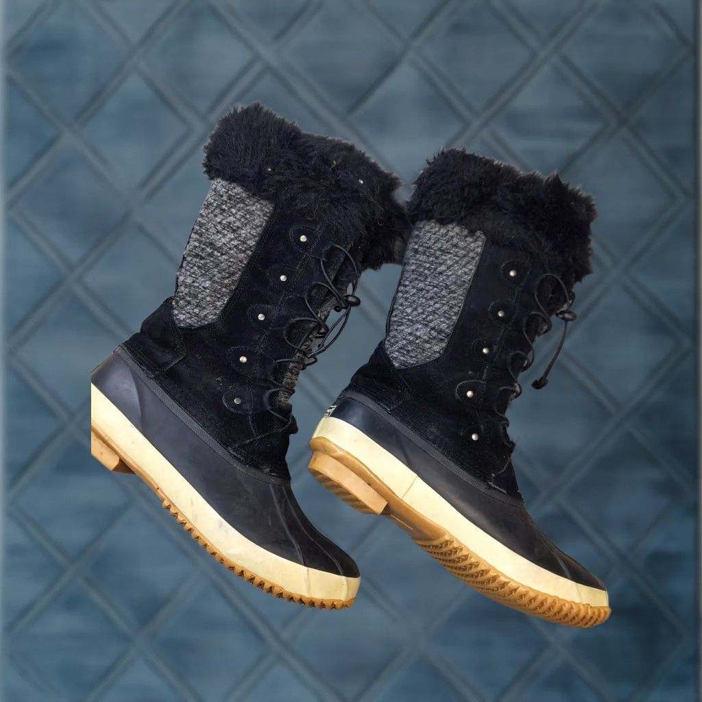 Vintage BEARPAW Snow Boots Womens Size 11 42 Black Suede Mid-Calf Waterproof Snow Boot Winter Outdoor Lined Fur Trim Shoes Mens Womens Boys Girls Size US 11 / IT 41 - 1 Thumbnail
