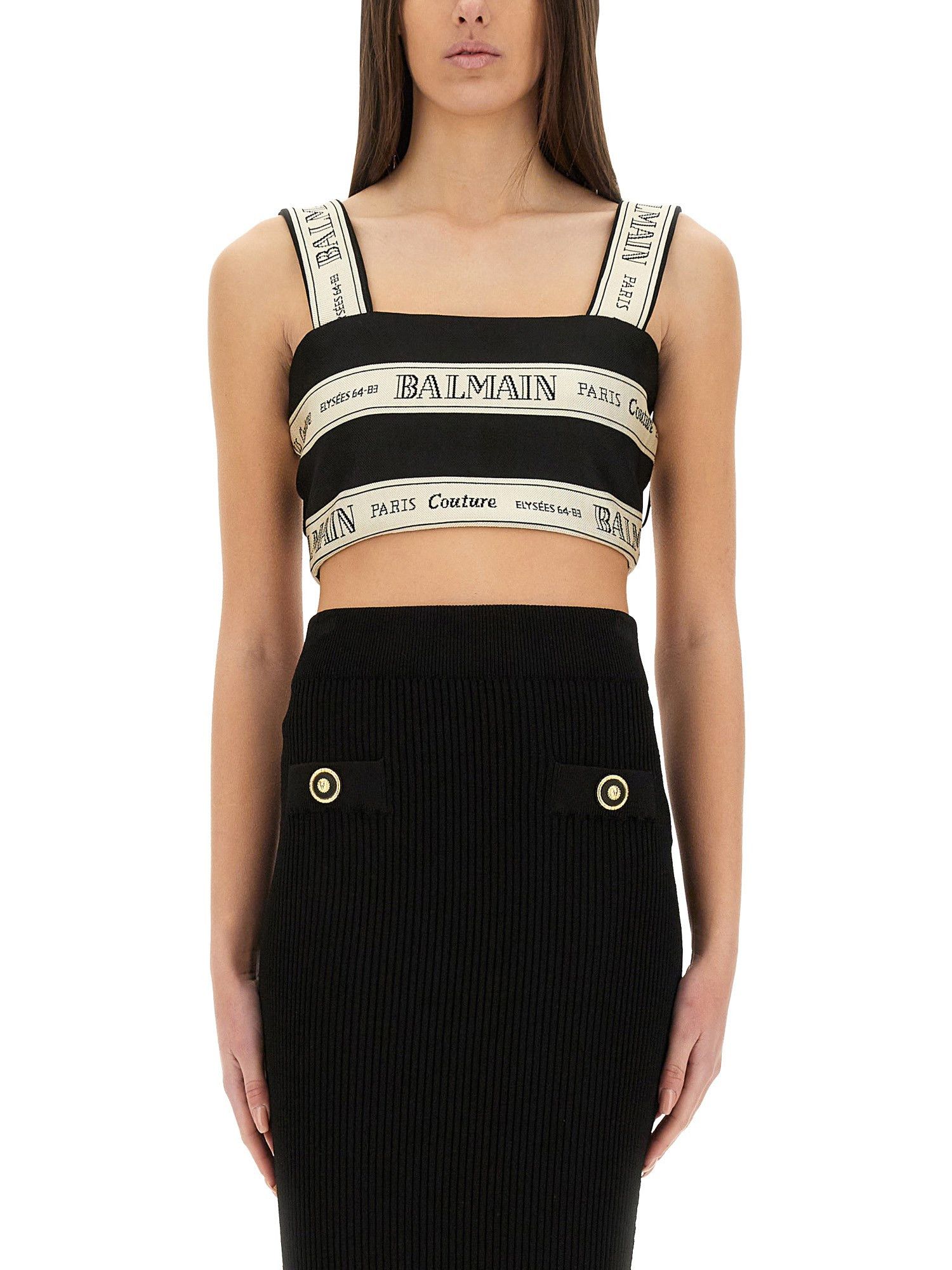 Balmain o1loc1c0526 Ribbon Jacquard Crop Top in Black/Beige Size XXS / US 00 / IT 34 - 2 Thumbnail