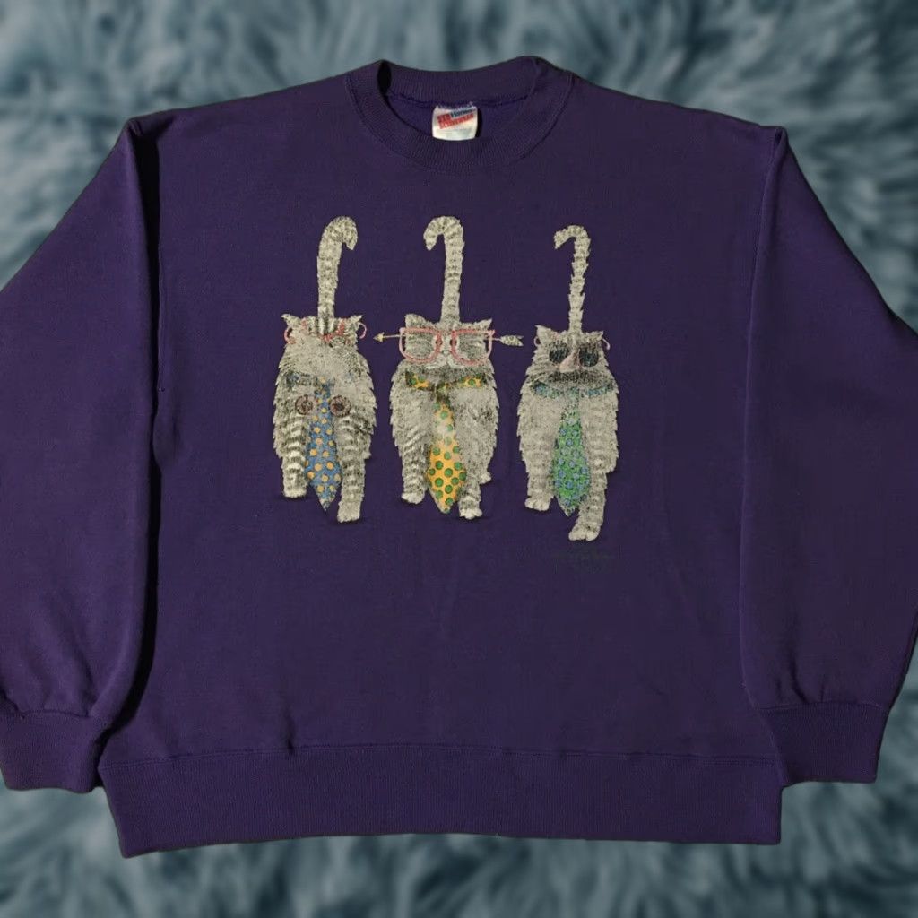 Hanes Vtg 90s Funny Cats Faded Sweatshirt M L Animals Kitten Art Humor Grunge AOP 80s Size US M / EU 48-50 / 2 - 1 Thumbnail