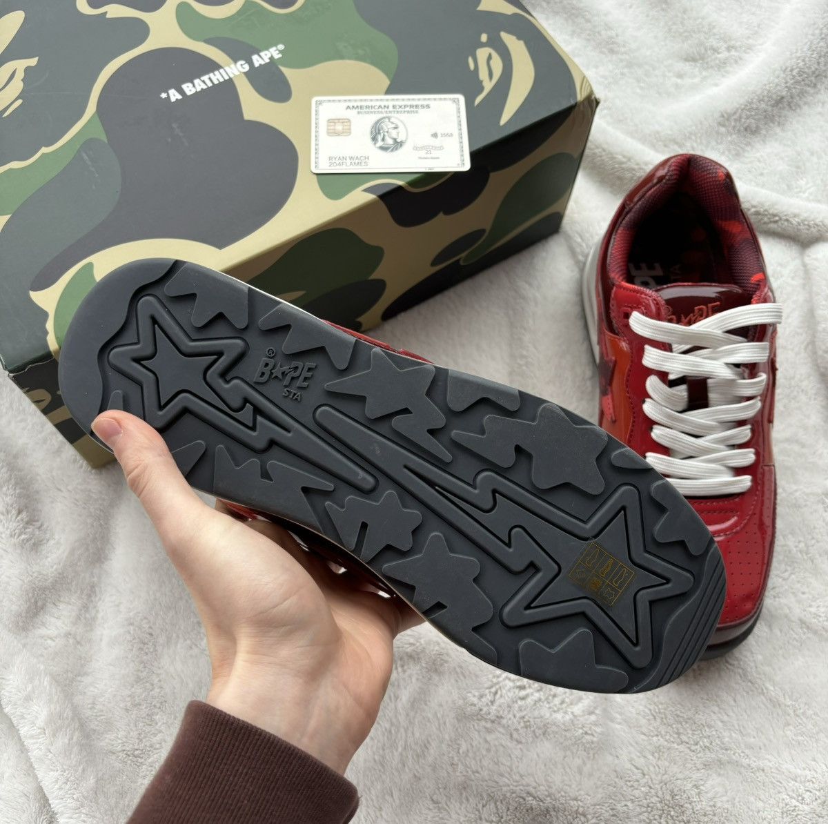Bape Bape Road Sta Red/Camo Patent Leather Sneakers Size US 13 / EU 46 - 5 Thumbnail
