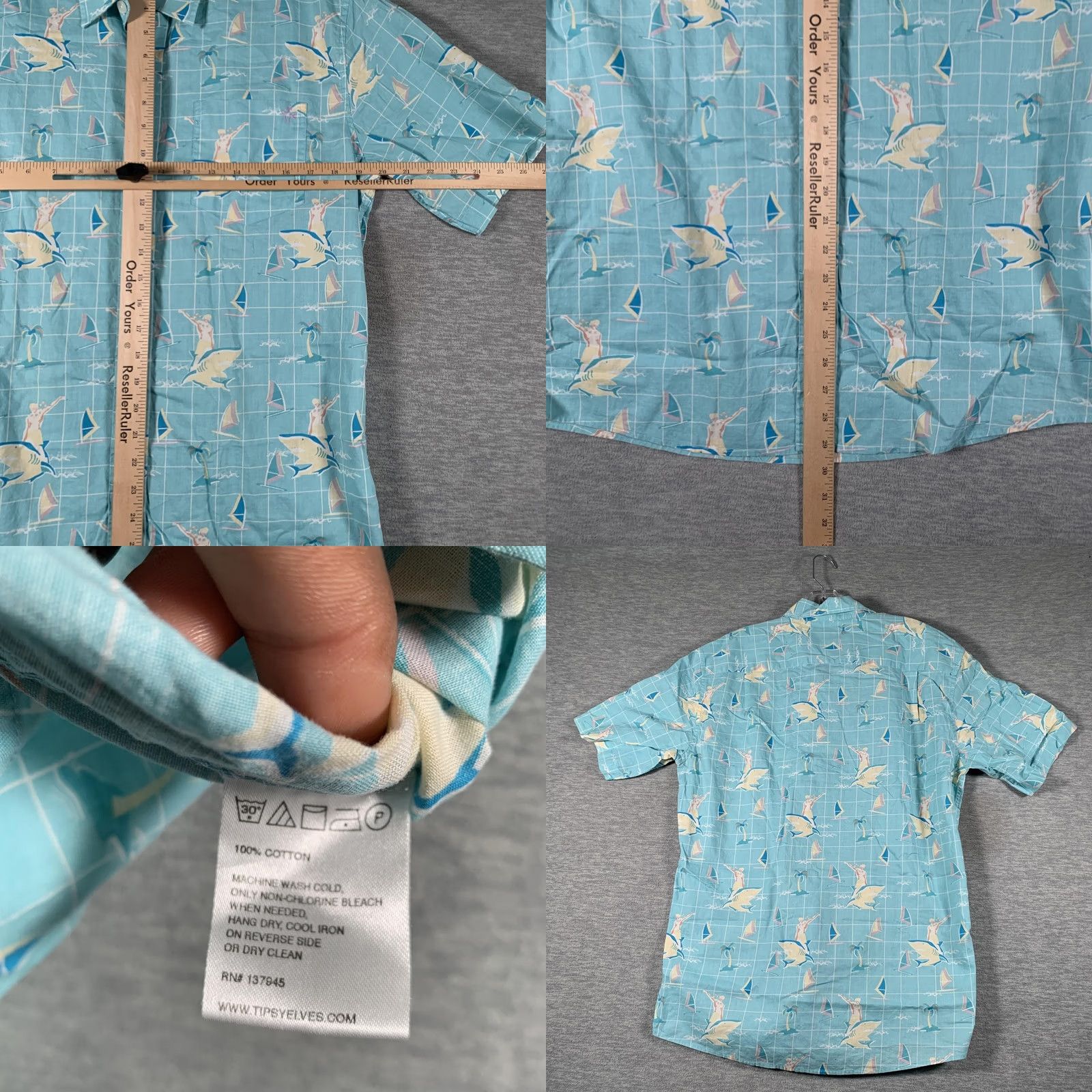 Vintage Tipsy Elves Mens Large Blue Shark Sailboat Hawaiian Shirt Size Cotton Button Up Size US L / EU 52-54 / 3 - 8 Thumbnail