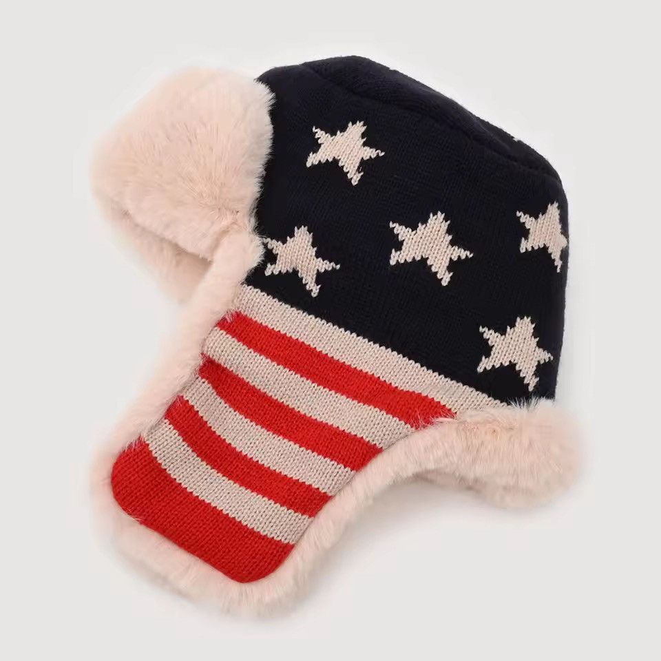 Vintage American Flag Warm Plush Knit Ushanka Hat Size ONE SIZE - 2 Thumbnail