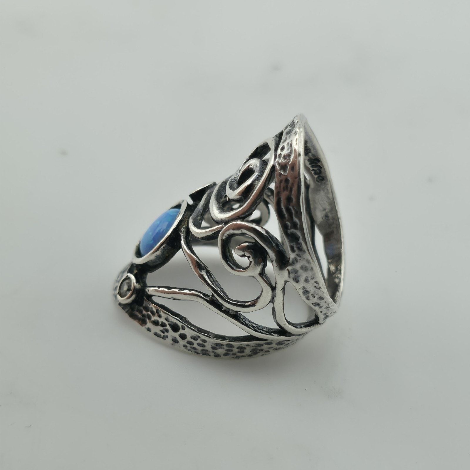 Other Israel Sterling Silver Ring 8 Blue Opal Wide Band Abstract Size ONE SIZE - 6 Thumbnail