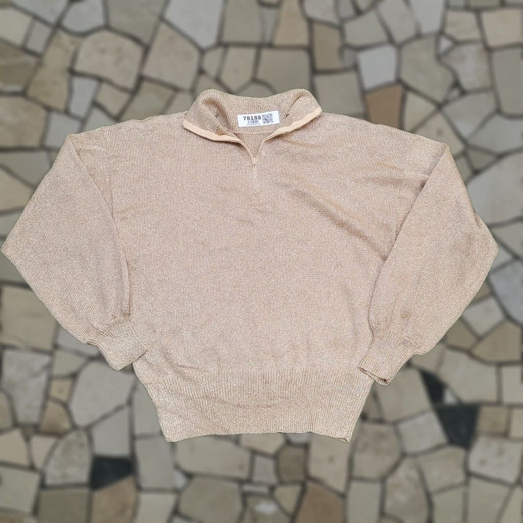Vintage VINTAGE Gold Metallic 1/4 Zip Sweater - Cropped, Long Sleeve, Mock Neck, Lurex Knit Top Glam 80s Ladies M Size M / US 6-8 / IT 42-44 - 1 Thumbnail