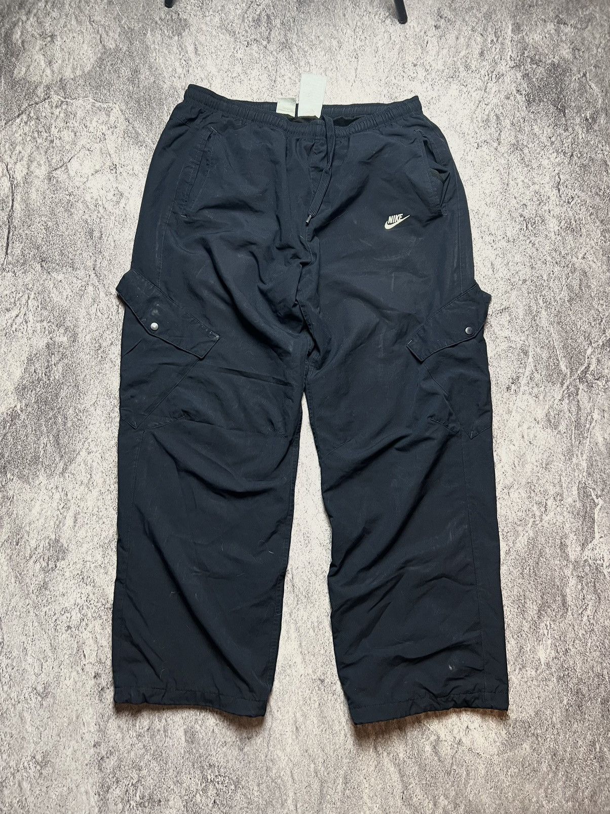 Pre-owned Nike X Vintage Y2k Nike Swoosh Nylon Cargo Washed Track Travis Style Pants In Navy Blue