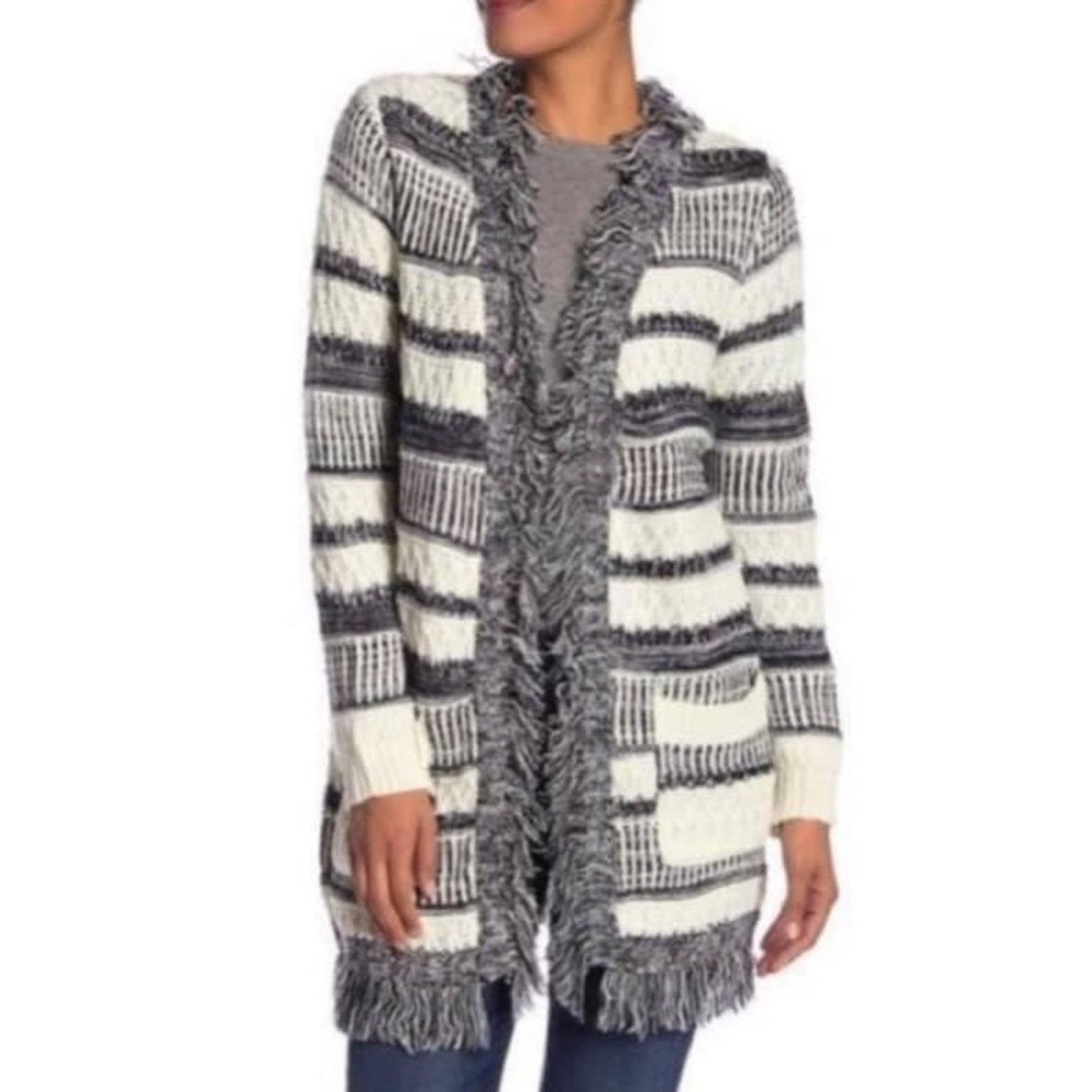 Other Papillon Black White Knit Fringe Open Front Cardigan Sz S Size S / US 4 / IT 40 - 2 Thumbnail