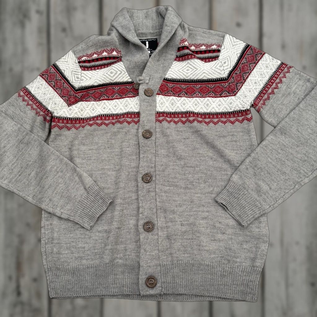 Vintage Buffalo I Jeans Cardigan Sweater Mens XL Gray Red Shawl Knit Christmas Holiday Shirt? Size US XL / EU 56 / 4 - 1 Thumbnail