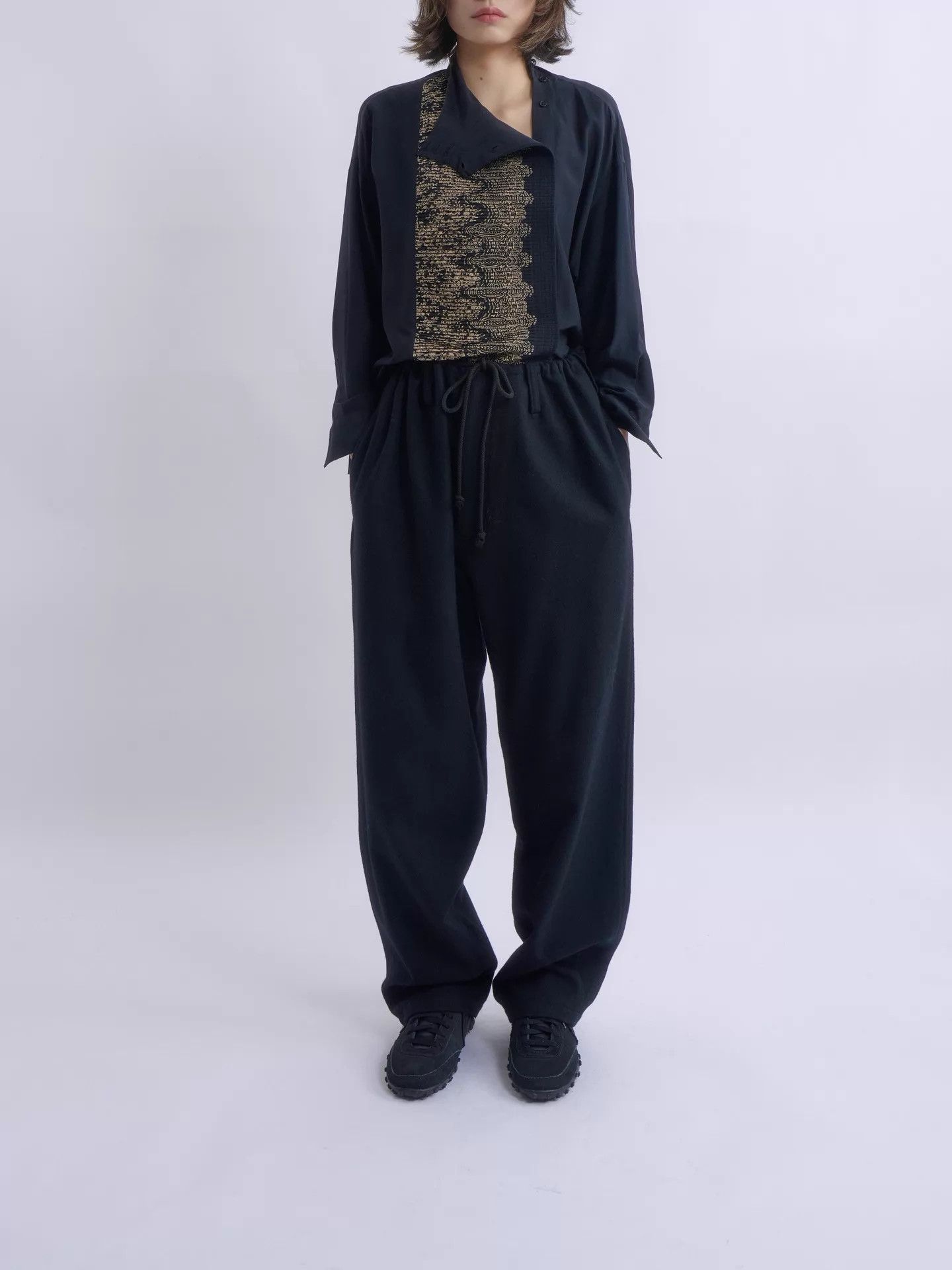 Yohji Yamamoto YOHJI YAMAMOTO 2015AW Black Wool Drawstring Pants Size US 29 - 2 Thumbnail