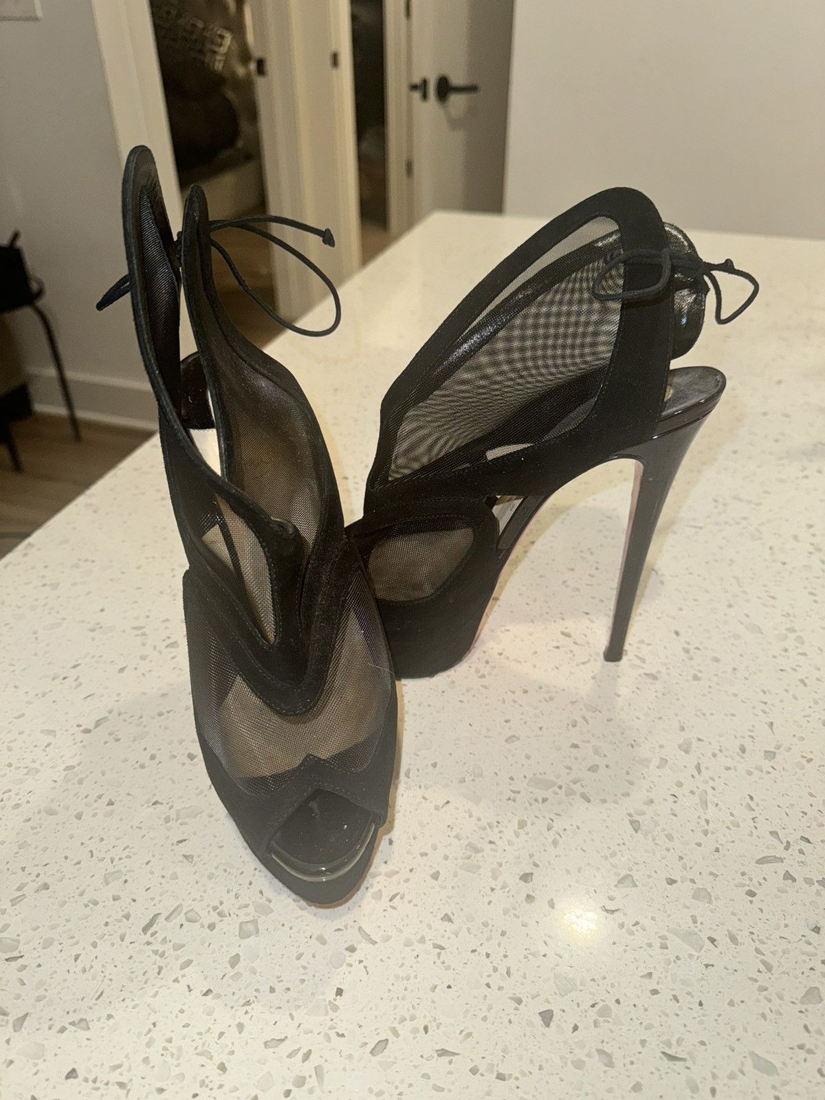 Christian Louboutin Elegance in Black: Mesh Stilettos with Iconic Red Soles Size US 7.5 / IT 37.5 - 2 Thumbnail