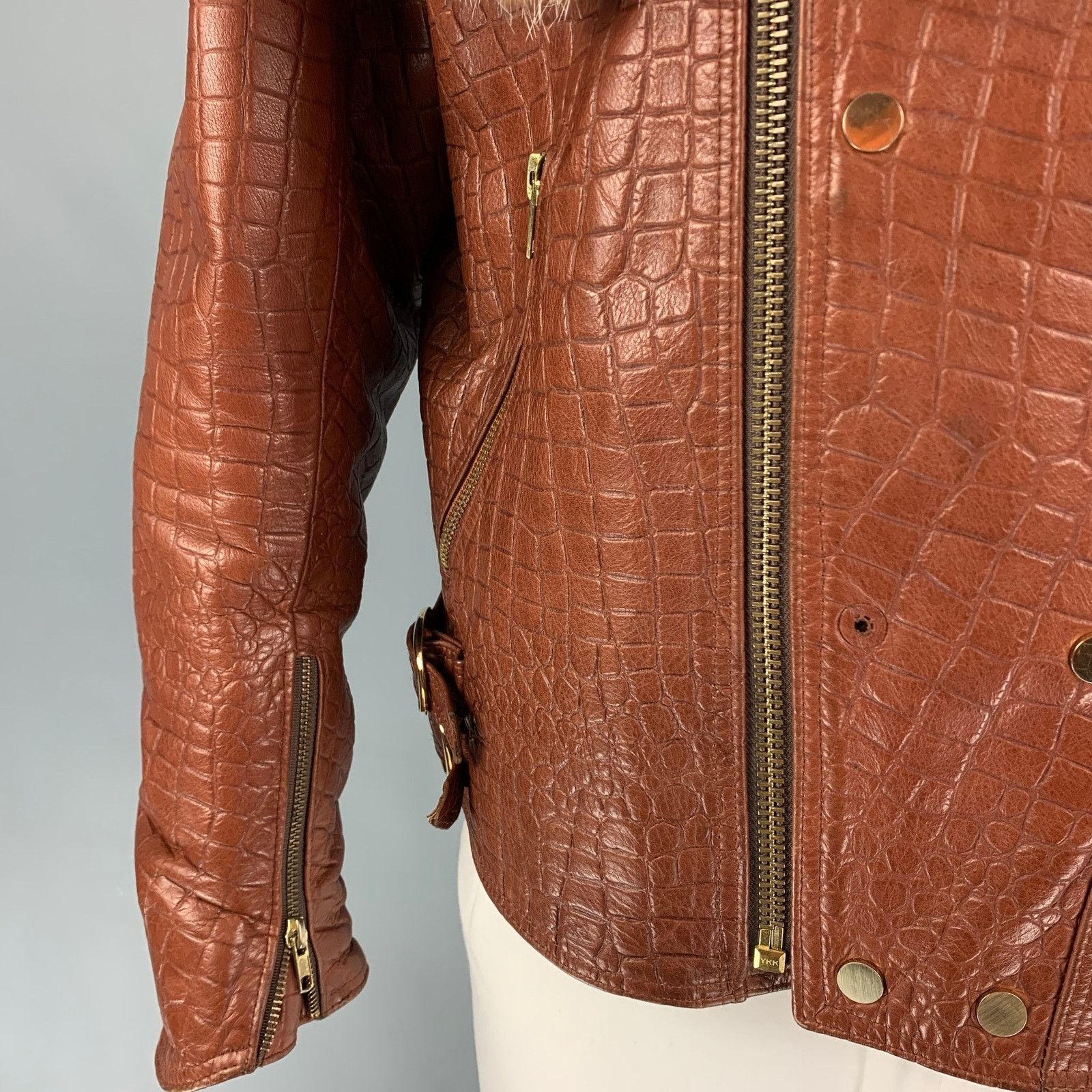 Other JAKE WOOD Size XL Brown Embossed Leather Biker Jacket Size US XL / EU 56 / 4 - 5 Thumbnail