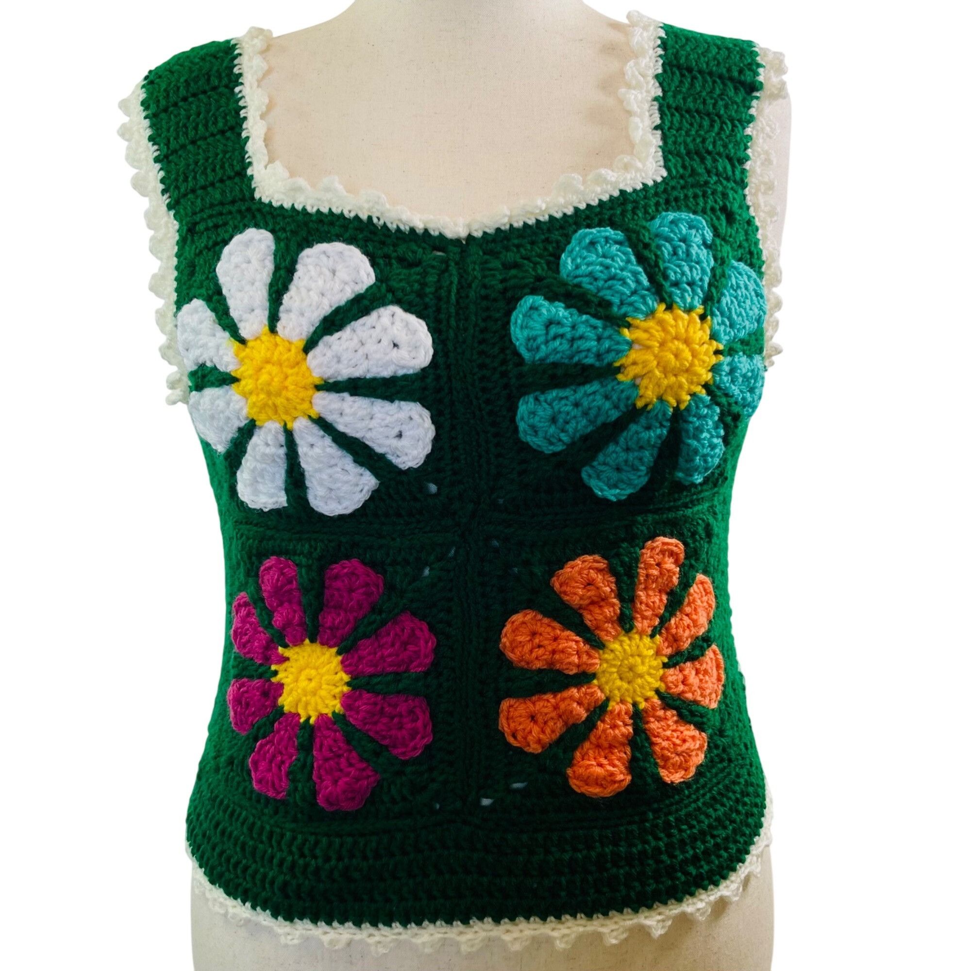 Handmade Crochet Vest Tank Top Retro 70's Hippie Flower Power Rib Tic Size ONE SIZE - 2 Thumbnail