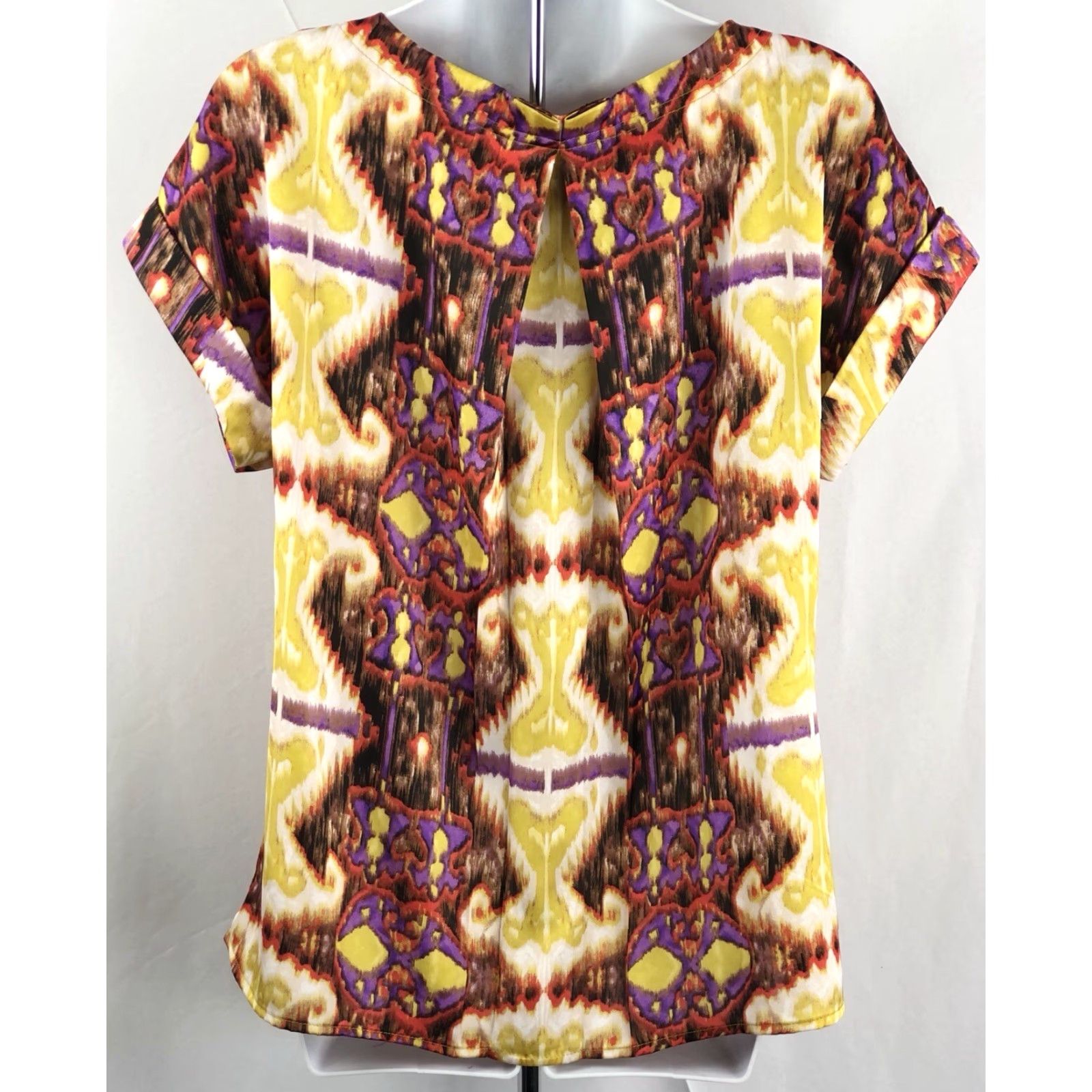 Essentials Essentials BoHo satin top L purple/yellow mod print pleated Neck Cuff ShortSleeve Retro Geometric Multicolor Women Blouse Size L / US 10 / IT 46 - 3 Thumbnail