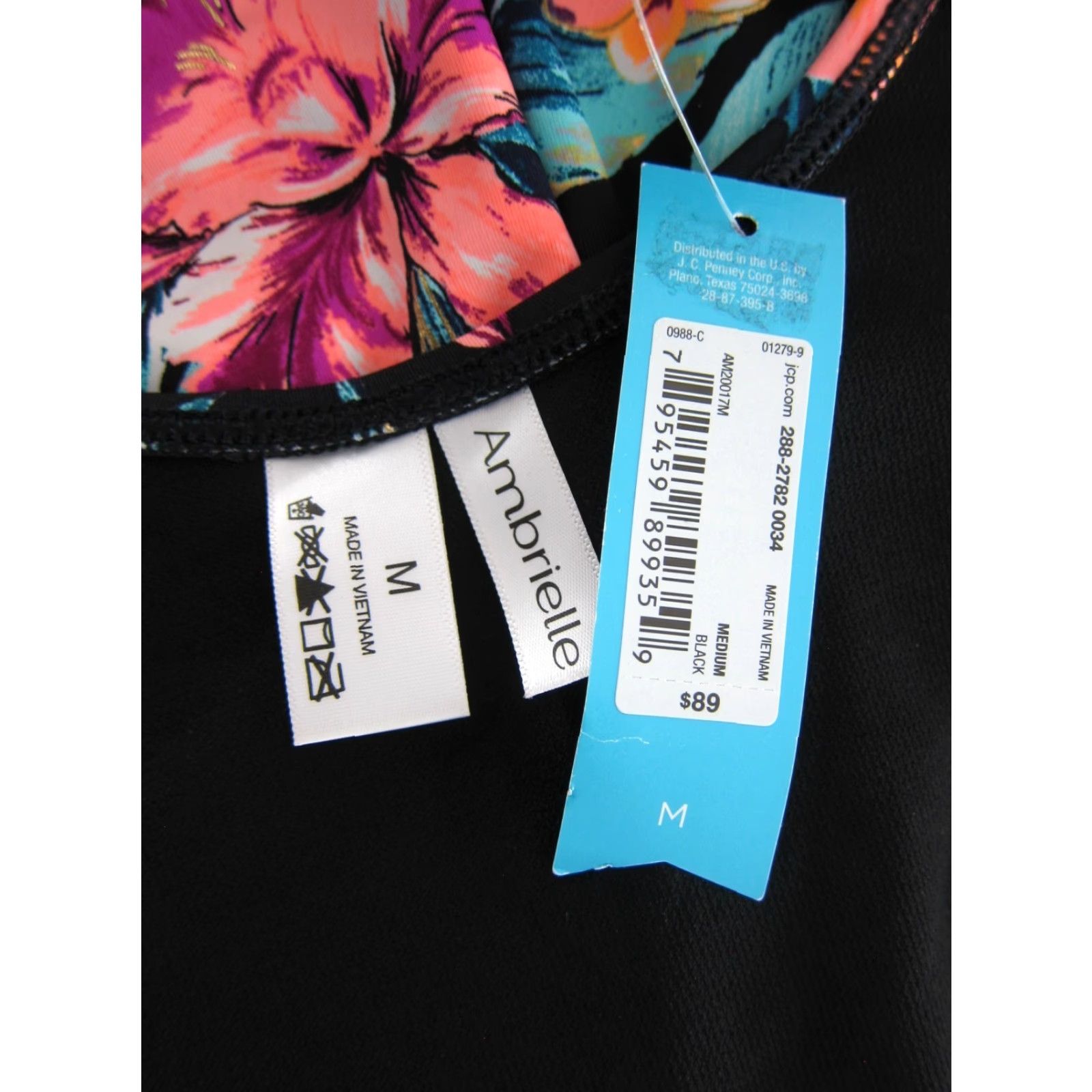 Vintage Ambrielle NWT One Piece Swimsuit (Medium) – Black Blue Pink Orange Tropical Floral; Nylon Spandex; Padded Bust; Lined; Women's Beach Wear Size ONE SIZE - 3 Thumbnail