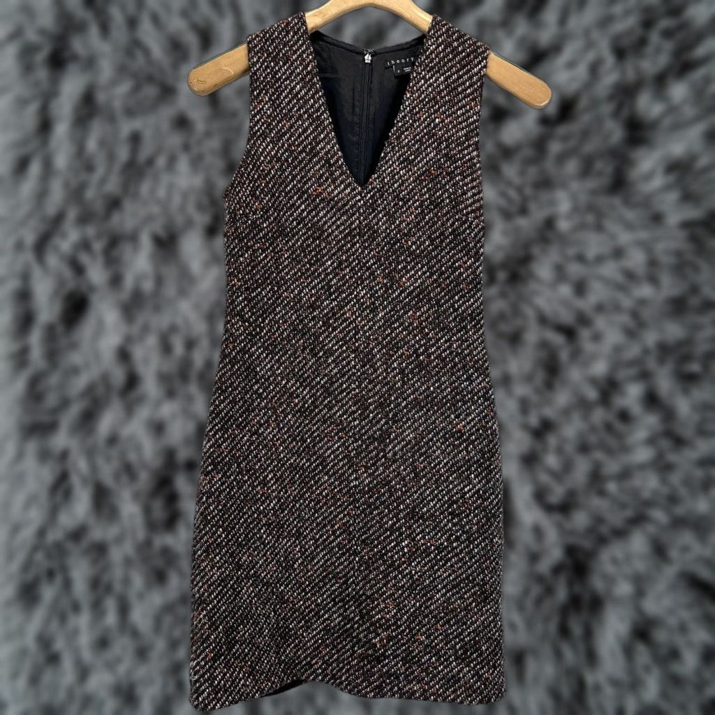 THEORY Jumper Dress A-Line Wool Blend Tweed V-Neck Zip Short Dress Sz 0 Brown Women Classic Designer VGUC