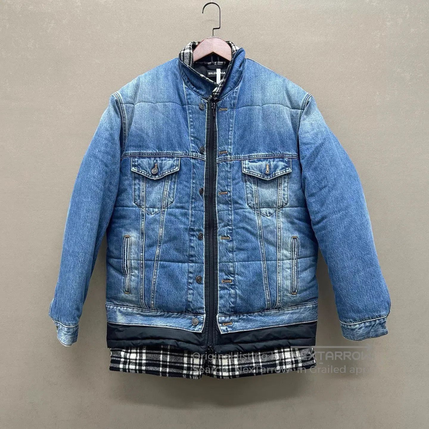 Balenciaga Blue Quilted Denim Jacket with Plaid Trim. Size US S / EU 44-46 / 1 - 1 Thumbnail
