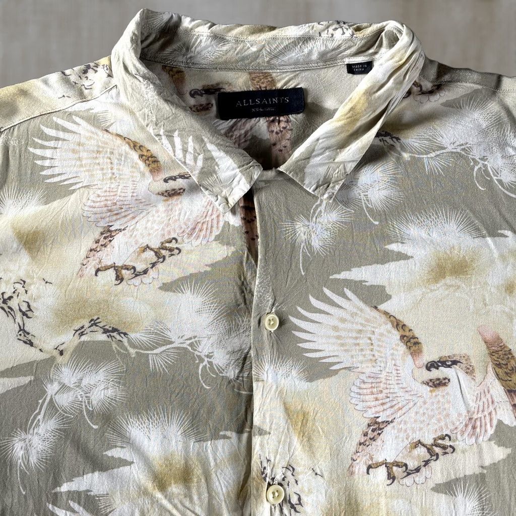Allsaints AllSaints Akashi SS Shirt Mens XXL Beige Crane Print Short Sleeve Button Up Size US XXL / EU 58 / 5 - 1 Thumbnail