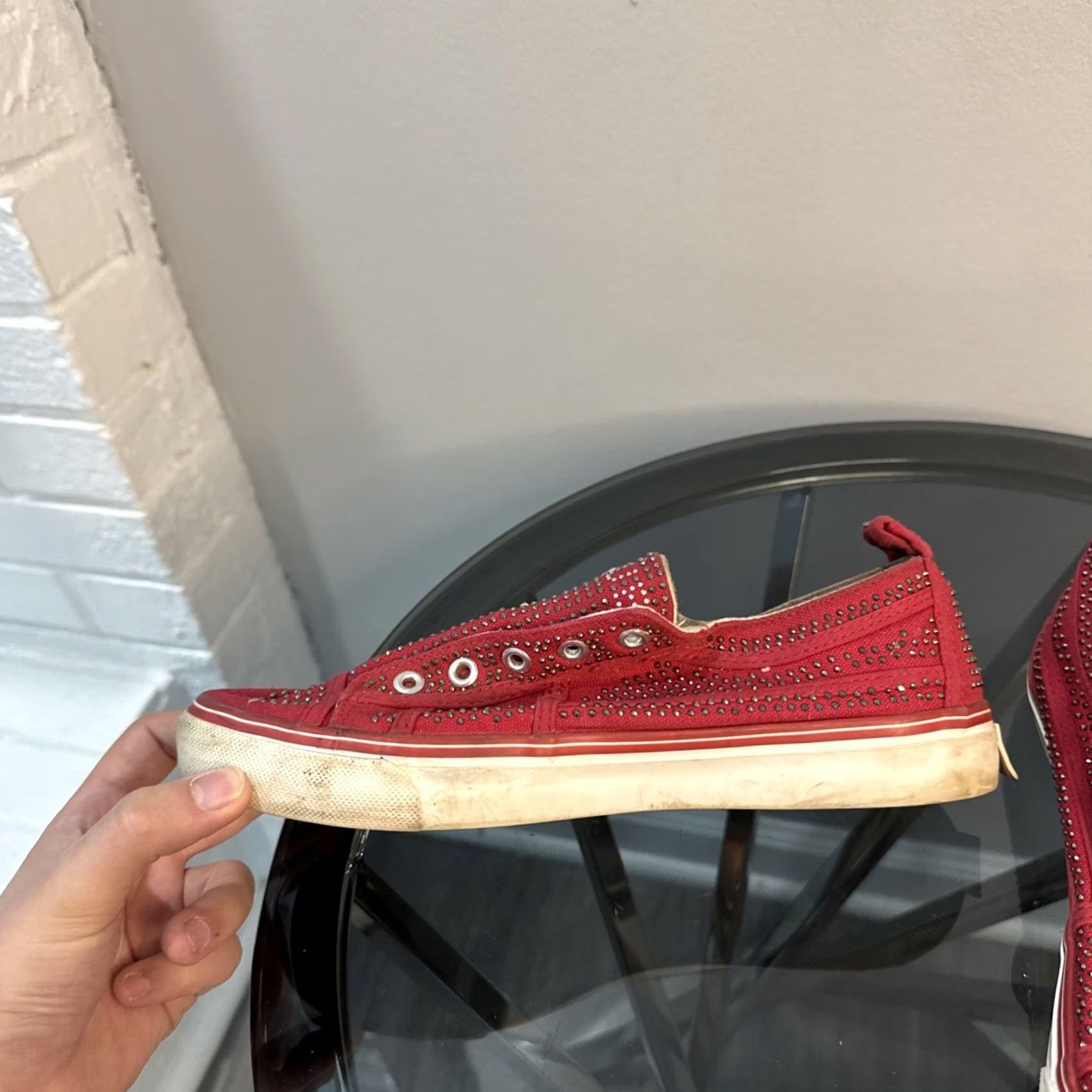 True Religion VINTAGE True Religion Sneakers Woman Red Size 8 Rhinestone-Studded Canvas Slip-On Shoes Women Sneaker 8 Red Womens Size US 8 / IT 38 - 7 Thumbnail
