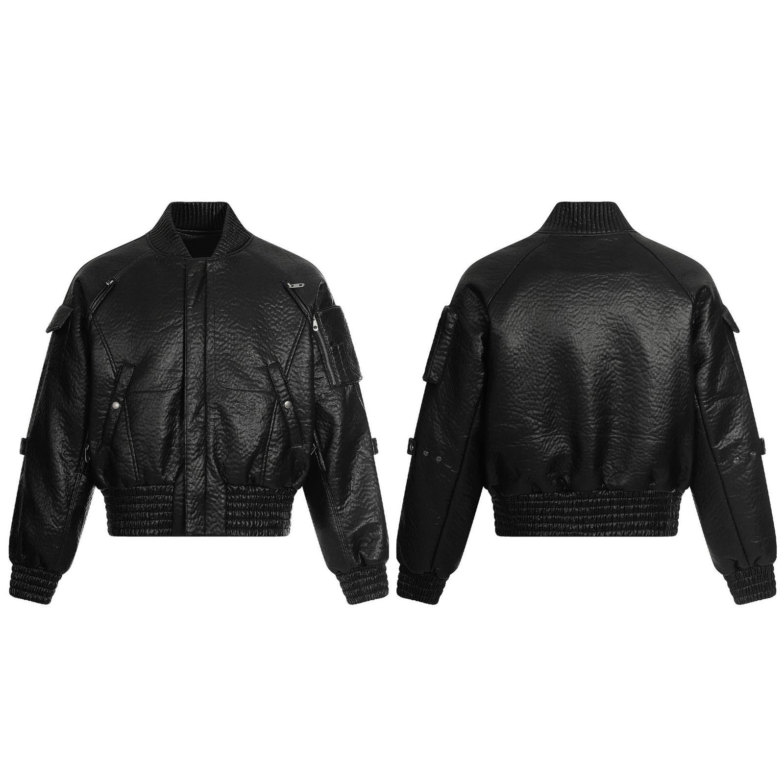 Japanese Brand Black Textured Leather Bomber Jacket, Cropped Fit Outerwear Size US M / EU 48-50 / 2 - 5 Thumbnail