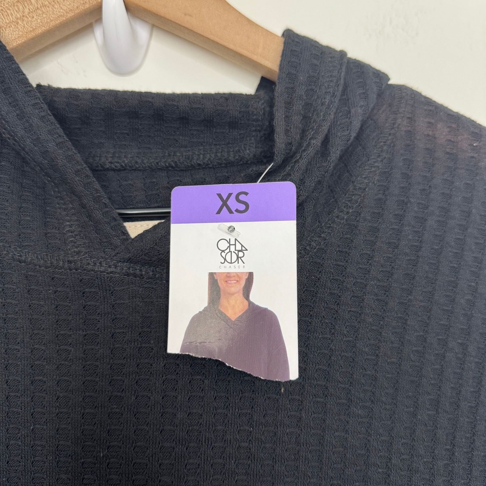 Chaser Brand Chaser Black Waffle Knit Thermal Pullover Hooded Top Shirt Size XS / US 0-2 / IT 36-38 - 7 Thumbnail