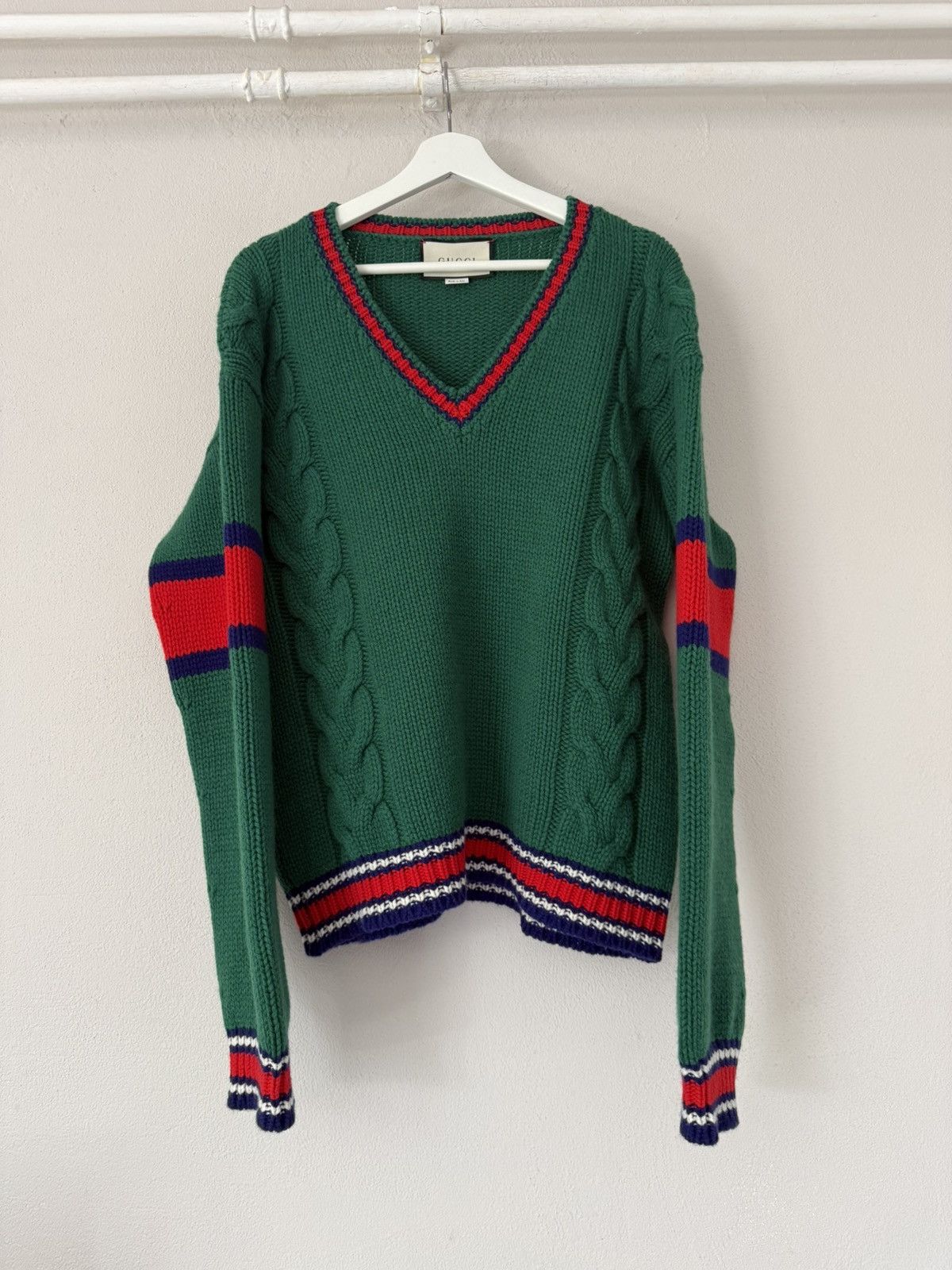 Gucci Green Cable Knit V-Neck Sweater with Stripe Trim Size US S / EU 44-46 / 1 - 1 Thumbnail