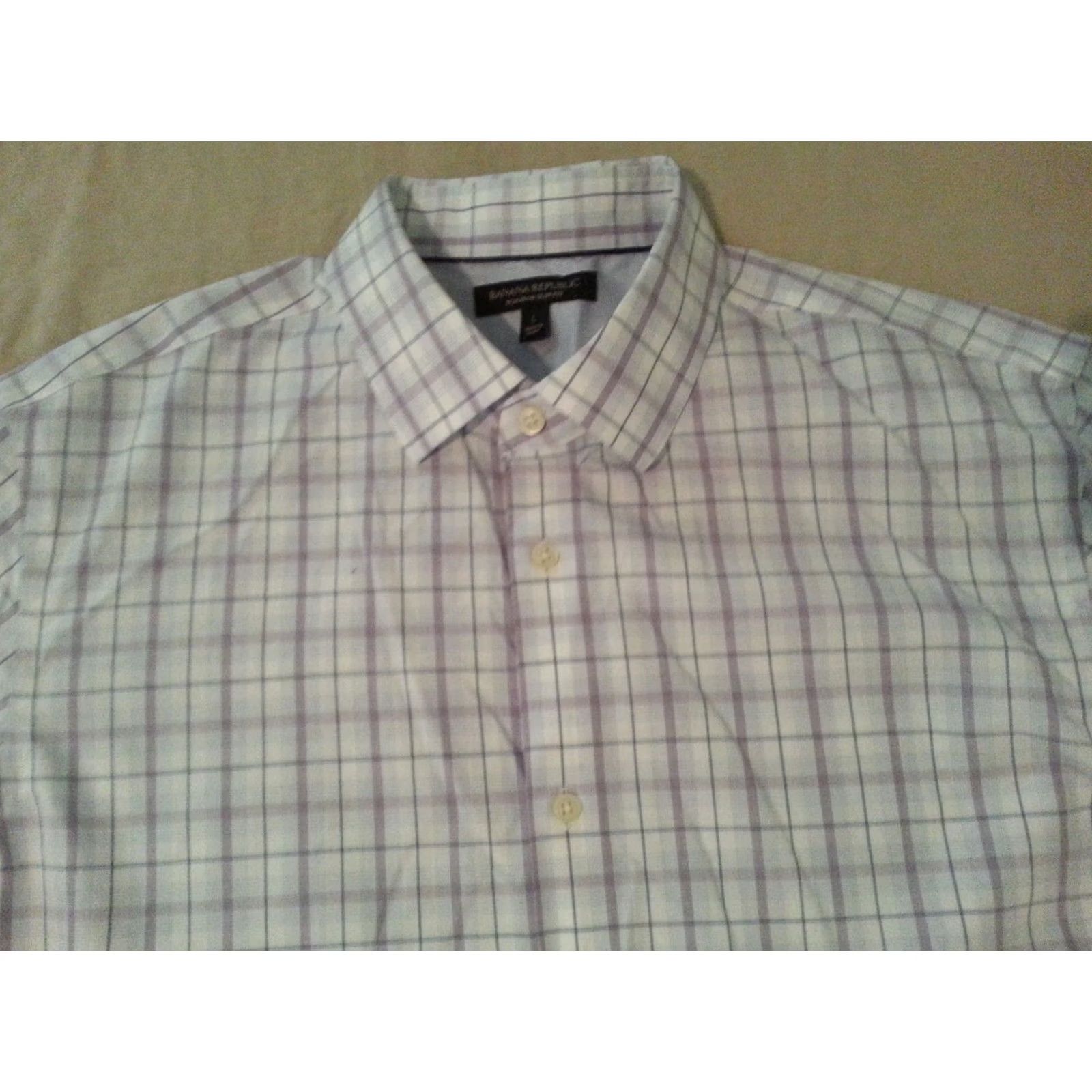 Banana Republic Mens Banana Republic Large Dress Shirt White Purple Button Cotton Size 42R - 3 Thumbnail