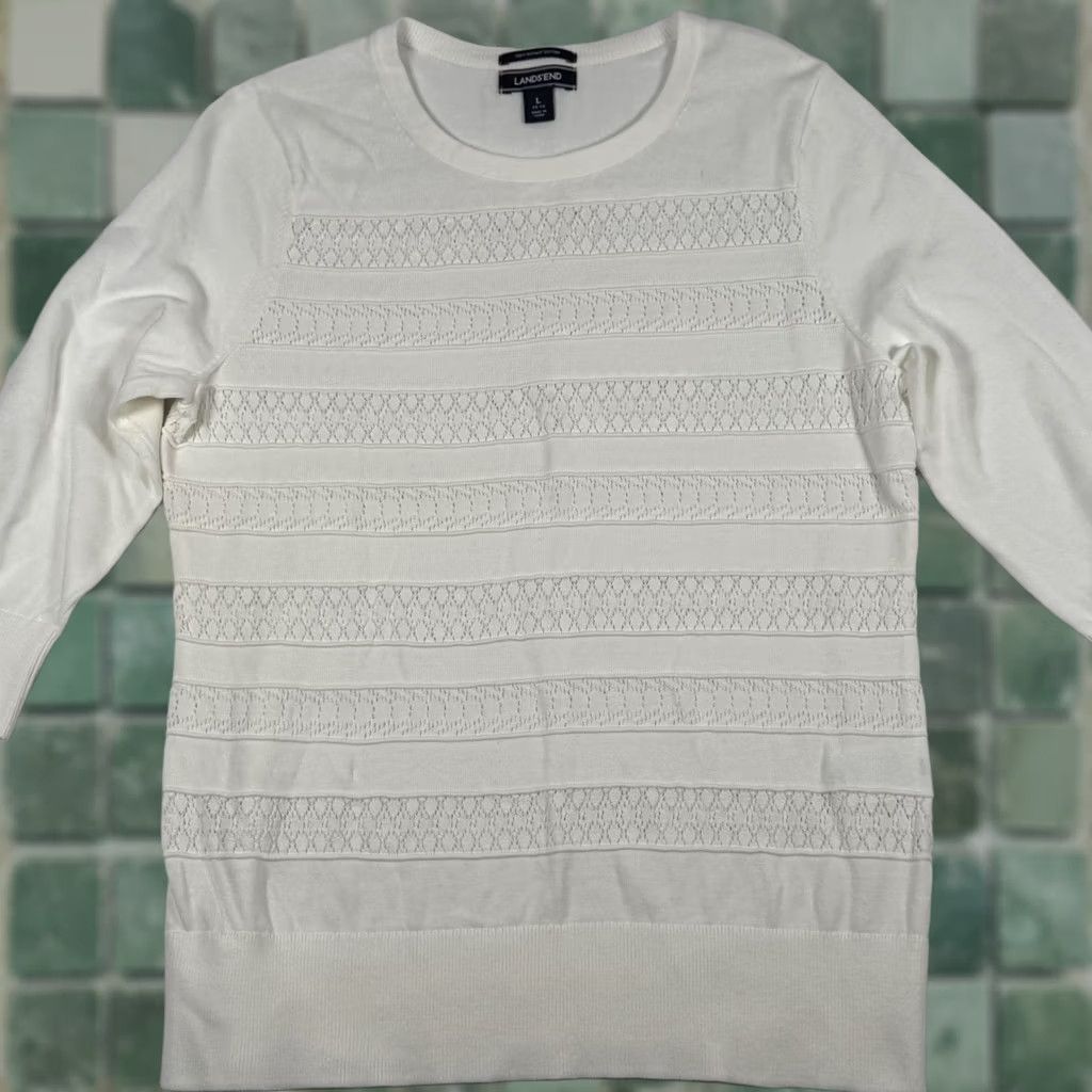 Lands' End Lands' End Drifter Sweater L Supima Cotton Striped Pointelle Lightweight Crew Neck 3/4 Sleeve Women Knitted Open-Knit Size L / US 10 / IT 46 - 1 Thumbnail