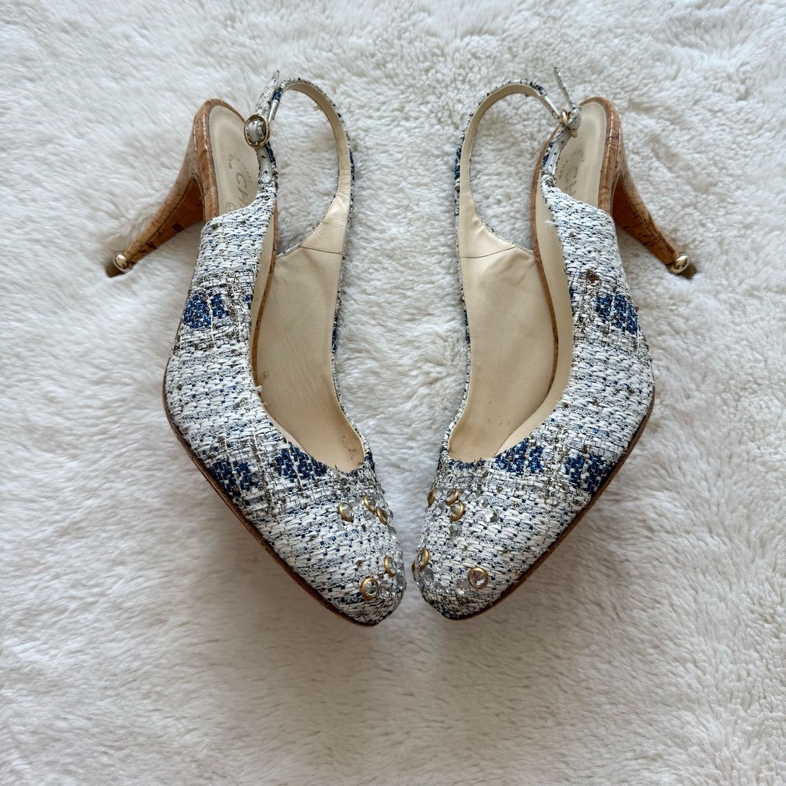 Chanel CHANEL Tweed Heels CC Blue White 40 EU or 10US Authentic Size US 10 / IT 40 - 1 Thumbnail