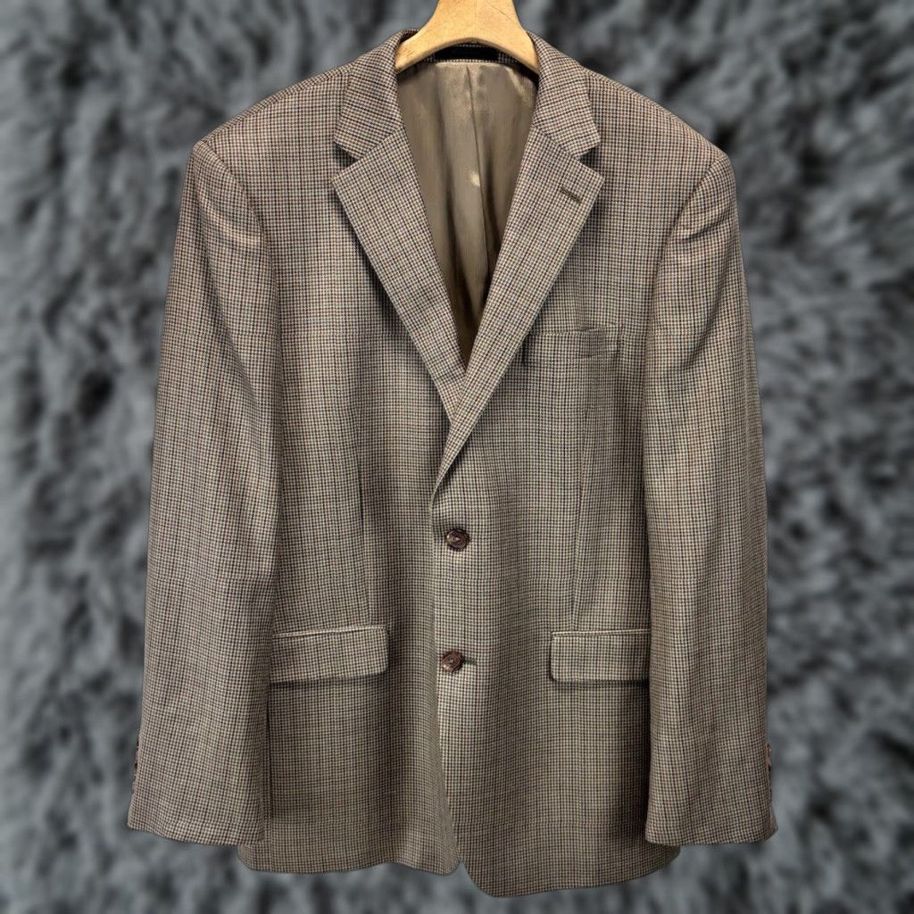 Ralph Lauren VINTAGE Lauren Ralph Lauren Houndstooth Plaid Blazer Sport Coat Sz 43R Men’s Silk Wool Brown 2-Button Micro Vintage Career Mens Size 46R - 1 Thumbnail